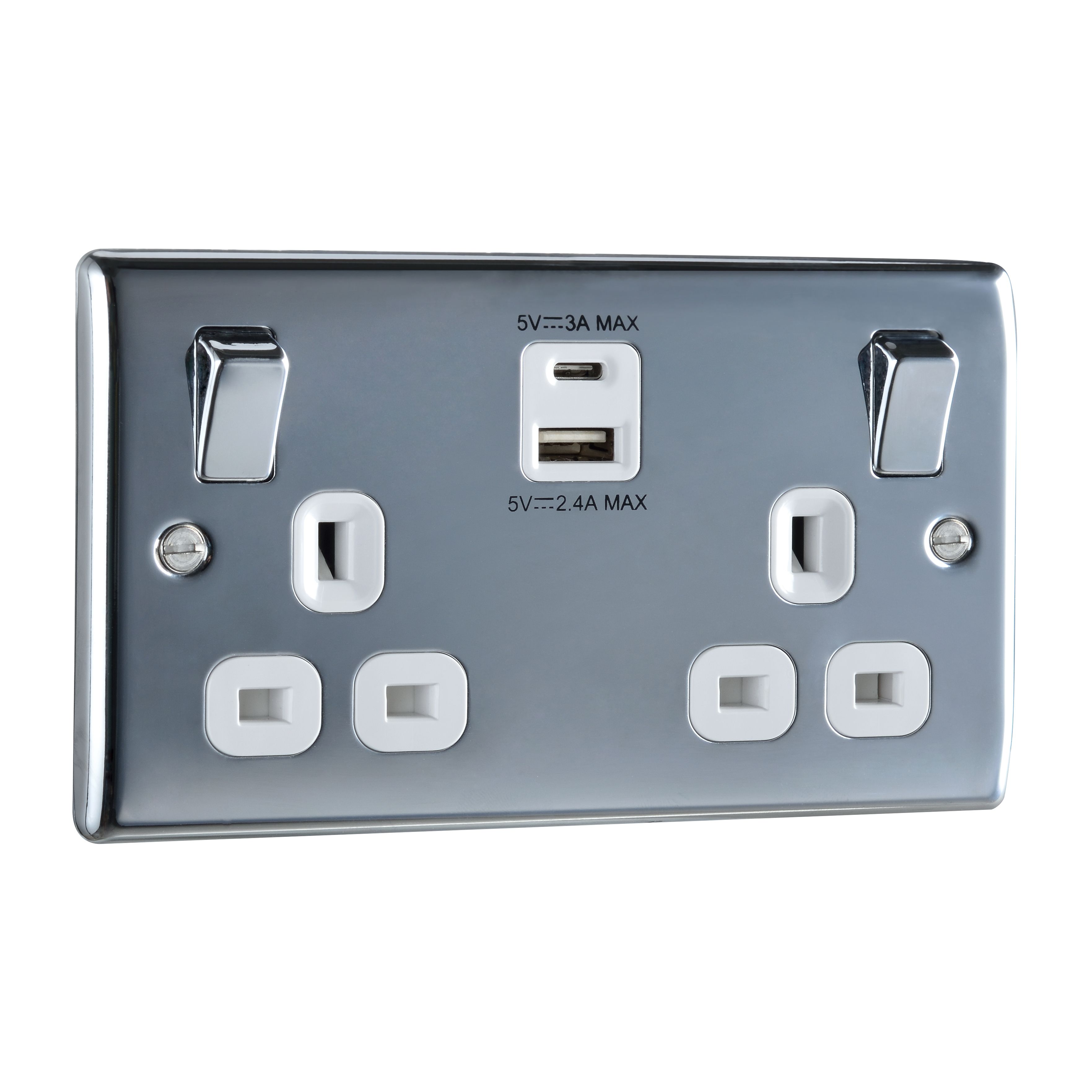 British General Double 13A Raised Switched Screwed Socket with USB, x2 & White inserts