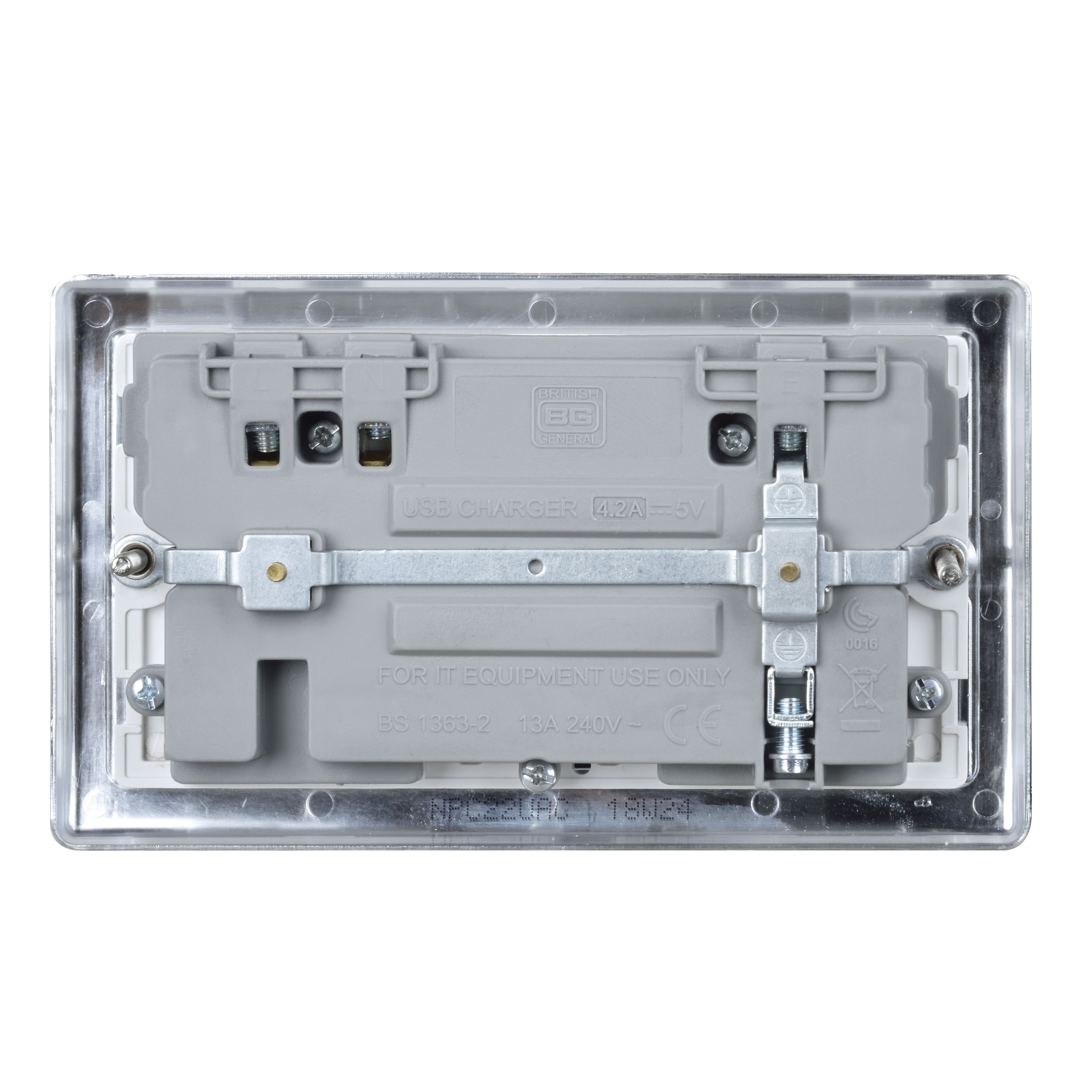 British General Double 13A Raised Switched Screwed Socket with USB, x2 & White inserts
