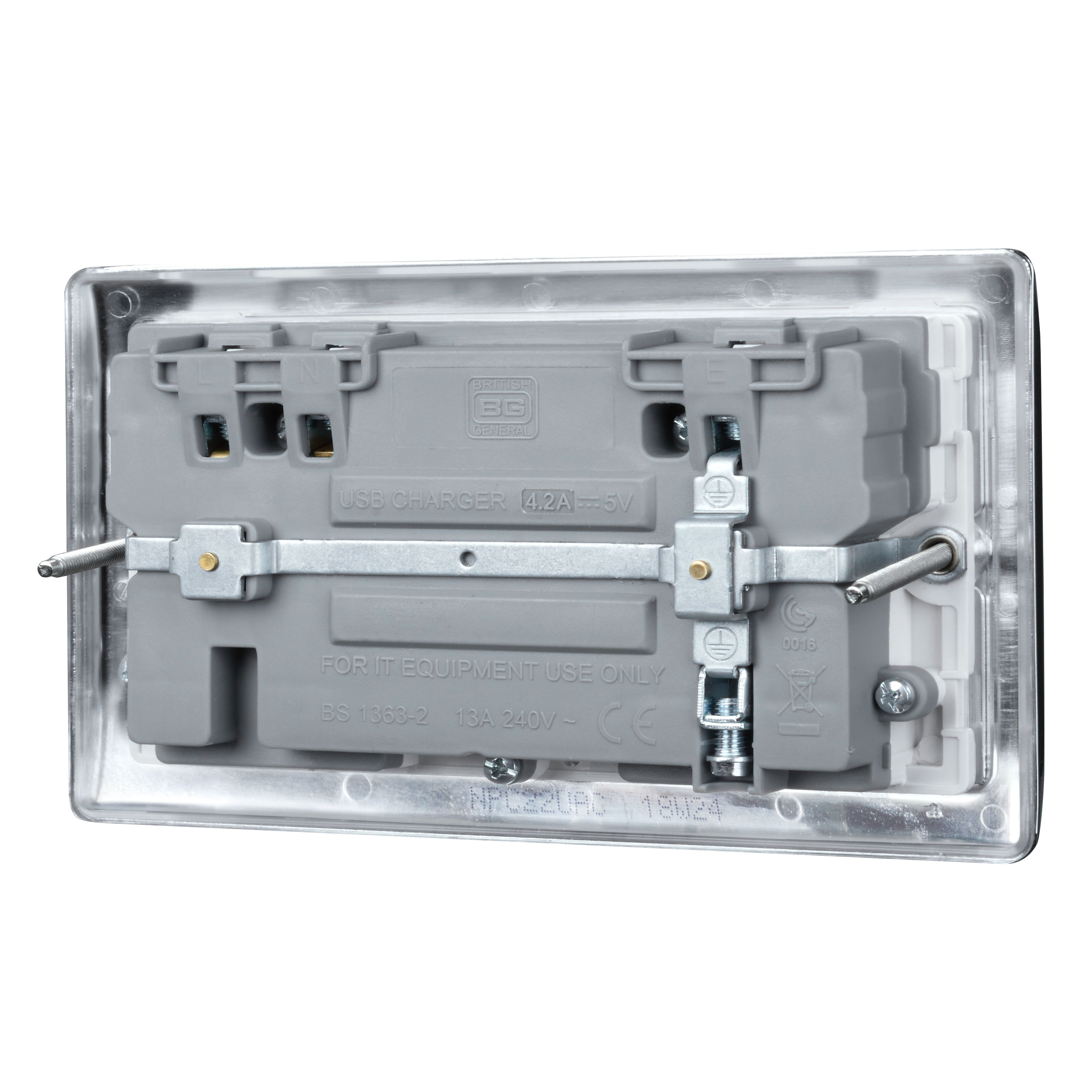 British General Double 13A Raised Switched Screwed Socket with USB, x2 & White inserts
