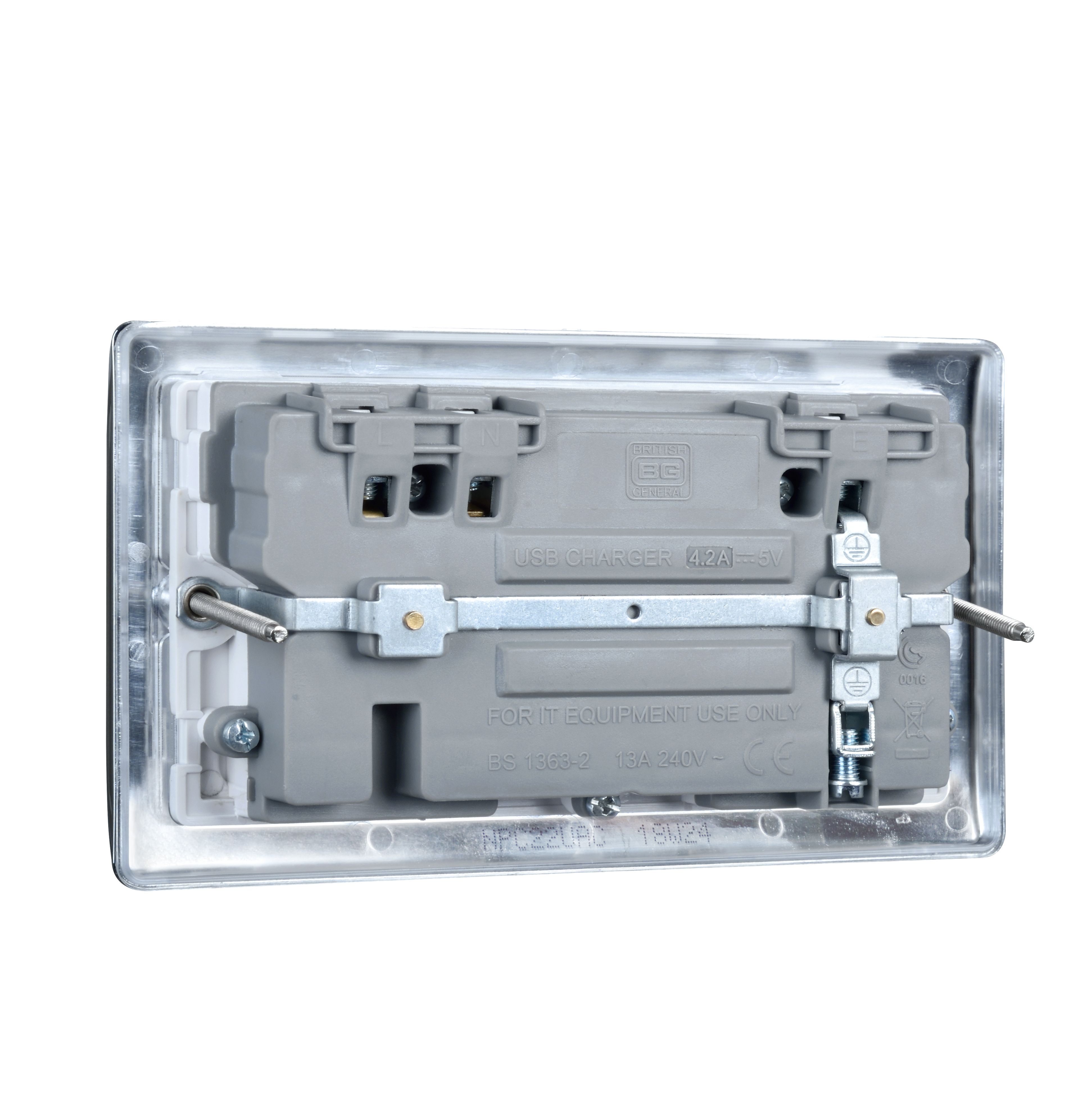 British General Double 13A Raised Switched Screwed Socket with USB, x2 & White inserts