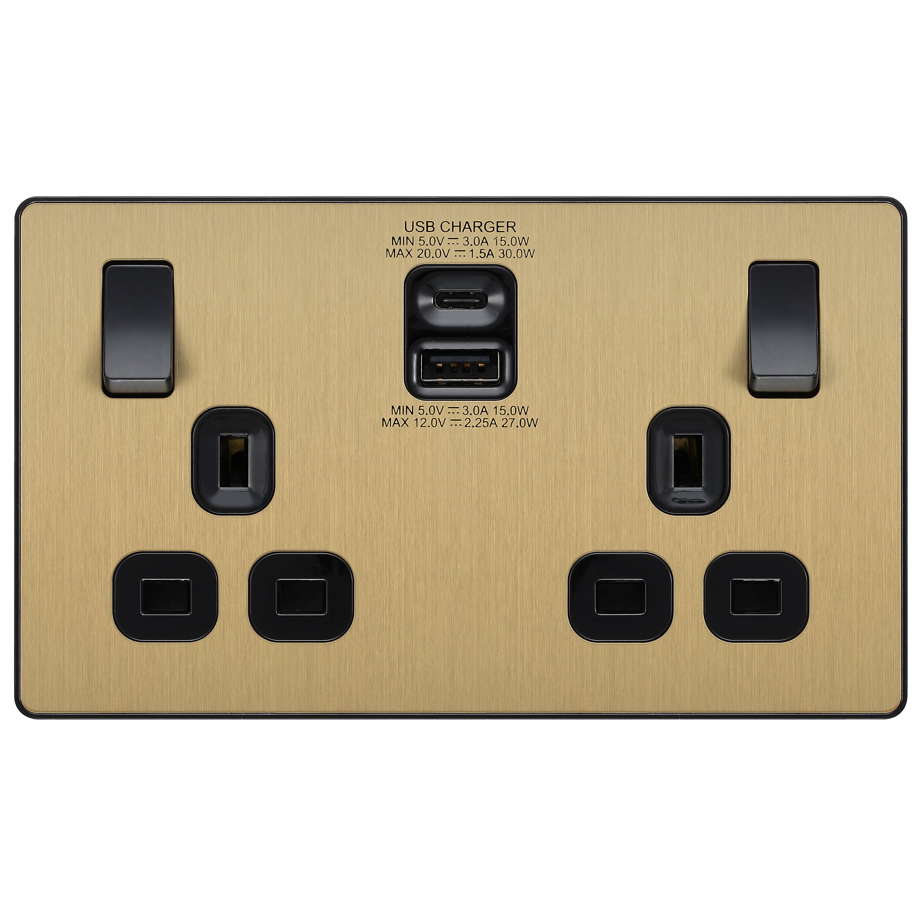 British General Double 13A Screwless Switched Gold Socket with USB x2 ...