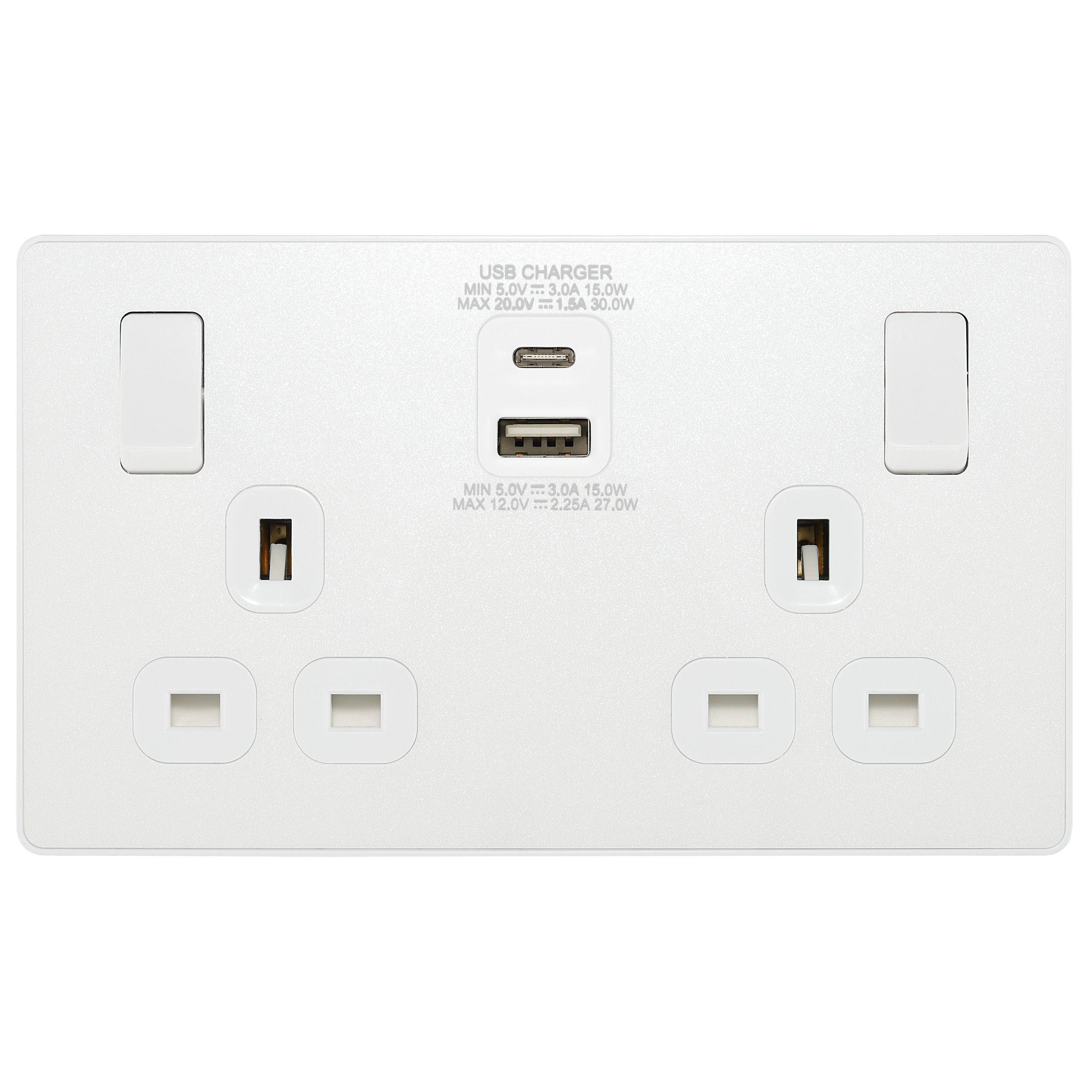 British General Double 13A Screwless Switched White Socket with USB x2 ...