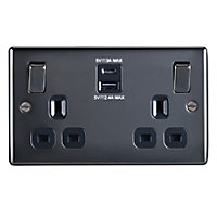 British General Double 13A Switched Socket with USB x2 4.2A & Black inserts