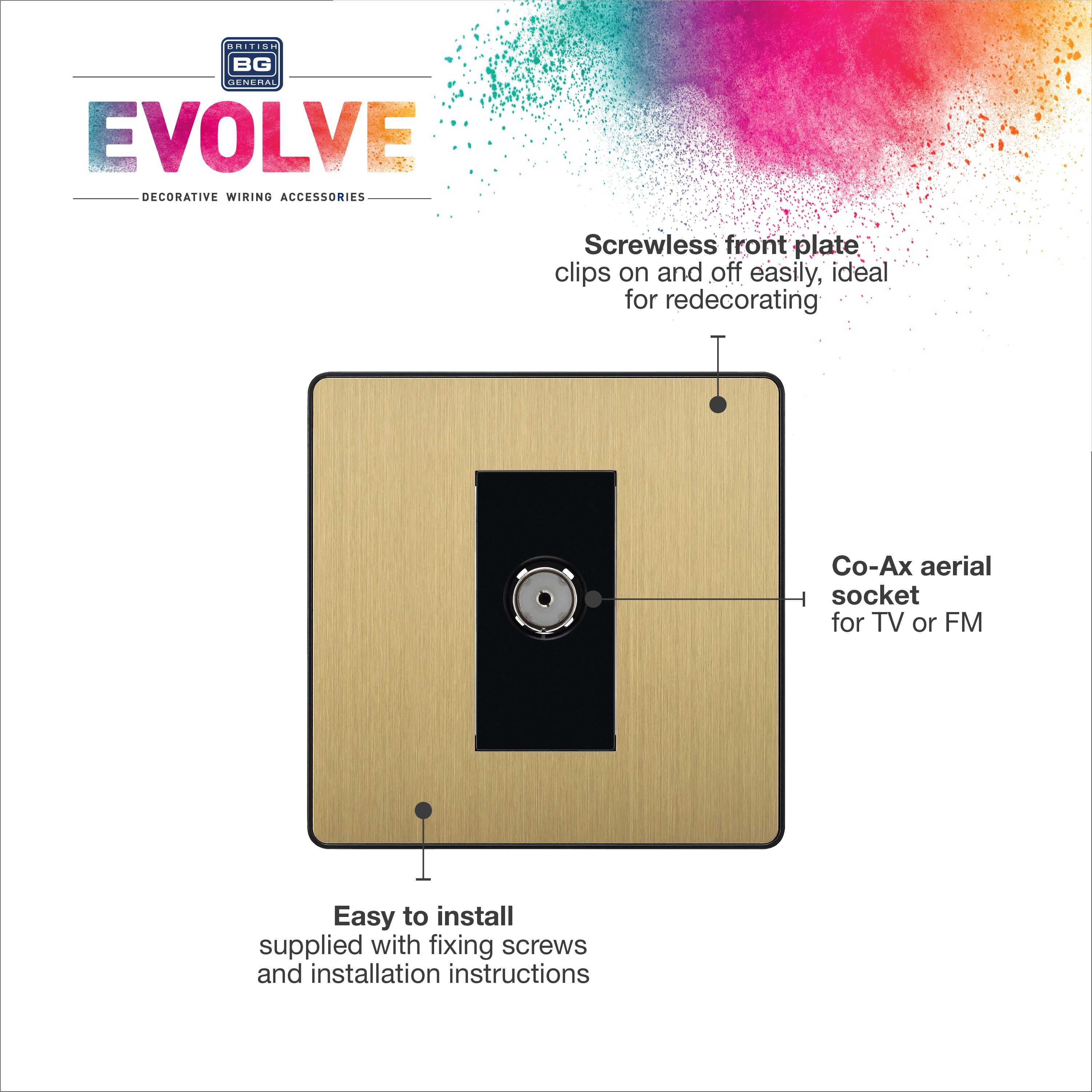 British General Flush Single Wall-mounted Screwless TV & radio socket ...