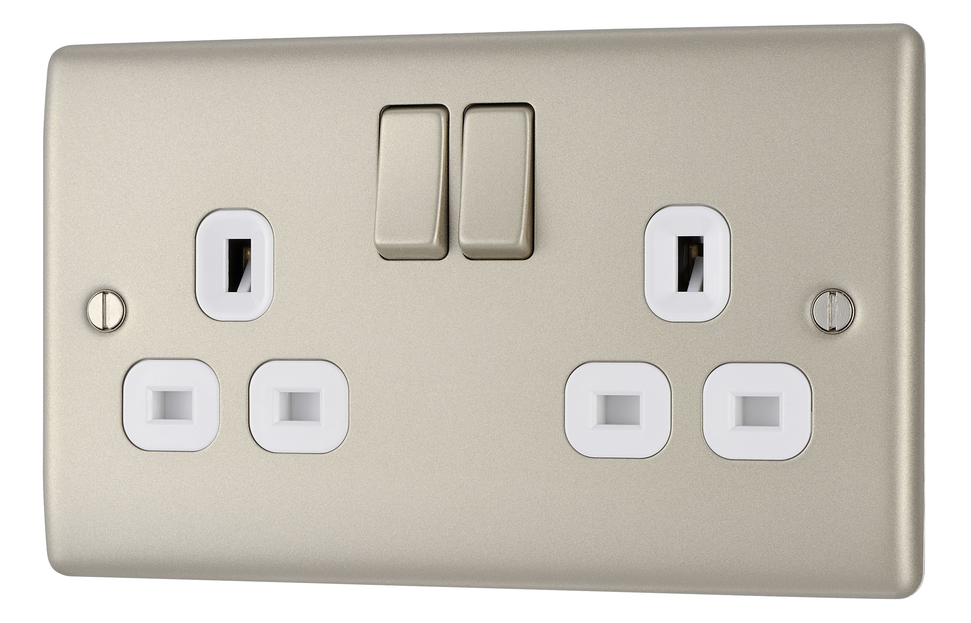 British General Nickel Double 13A Switched Socket with White inserts