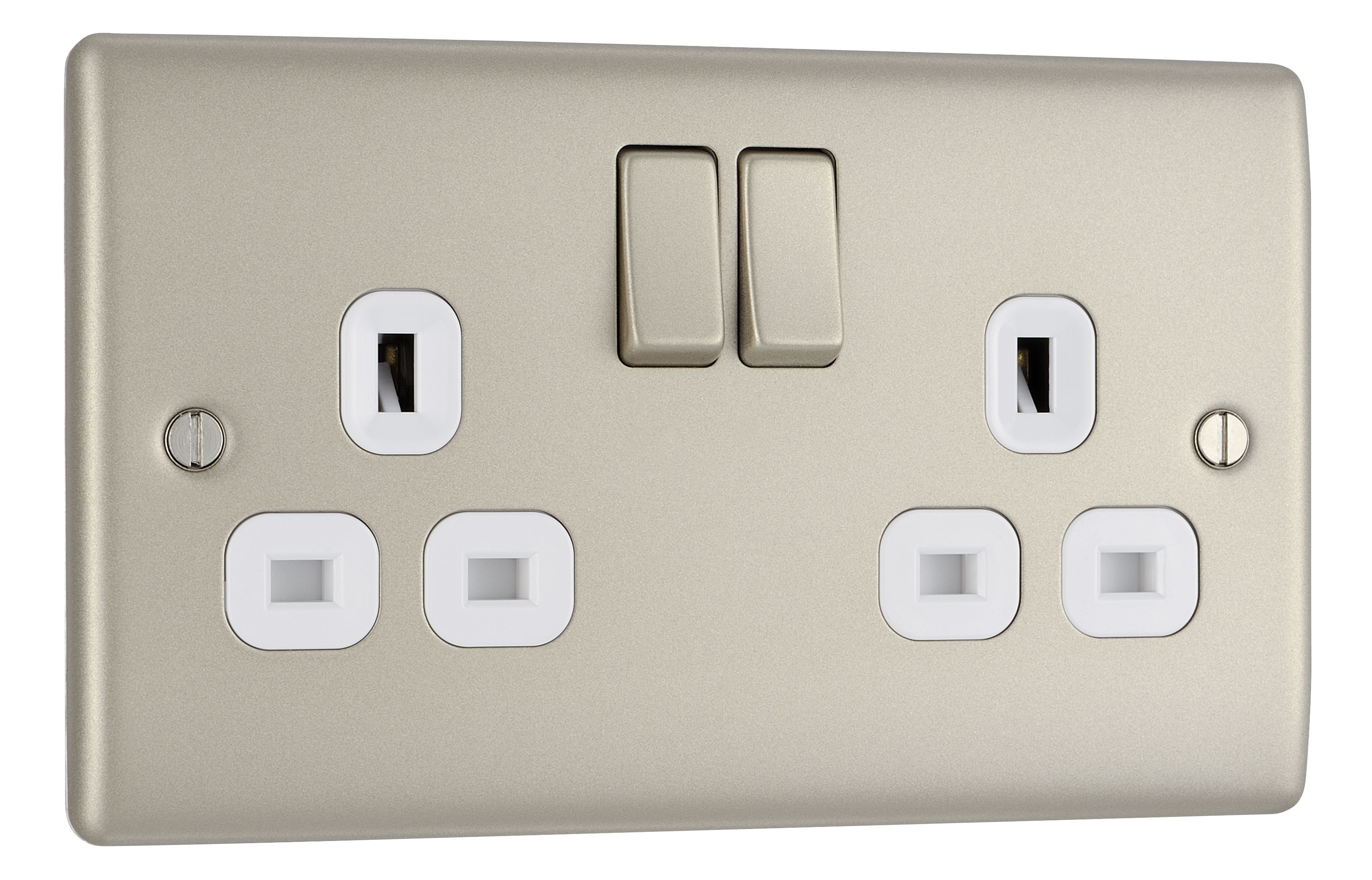 British General Nickel Double 13A Switched Socket with White inserts