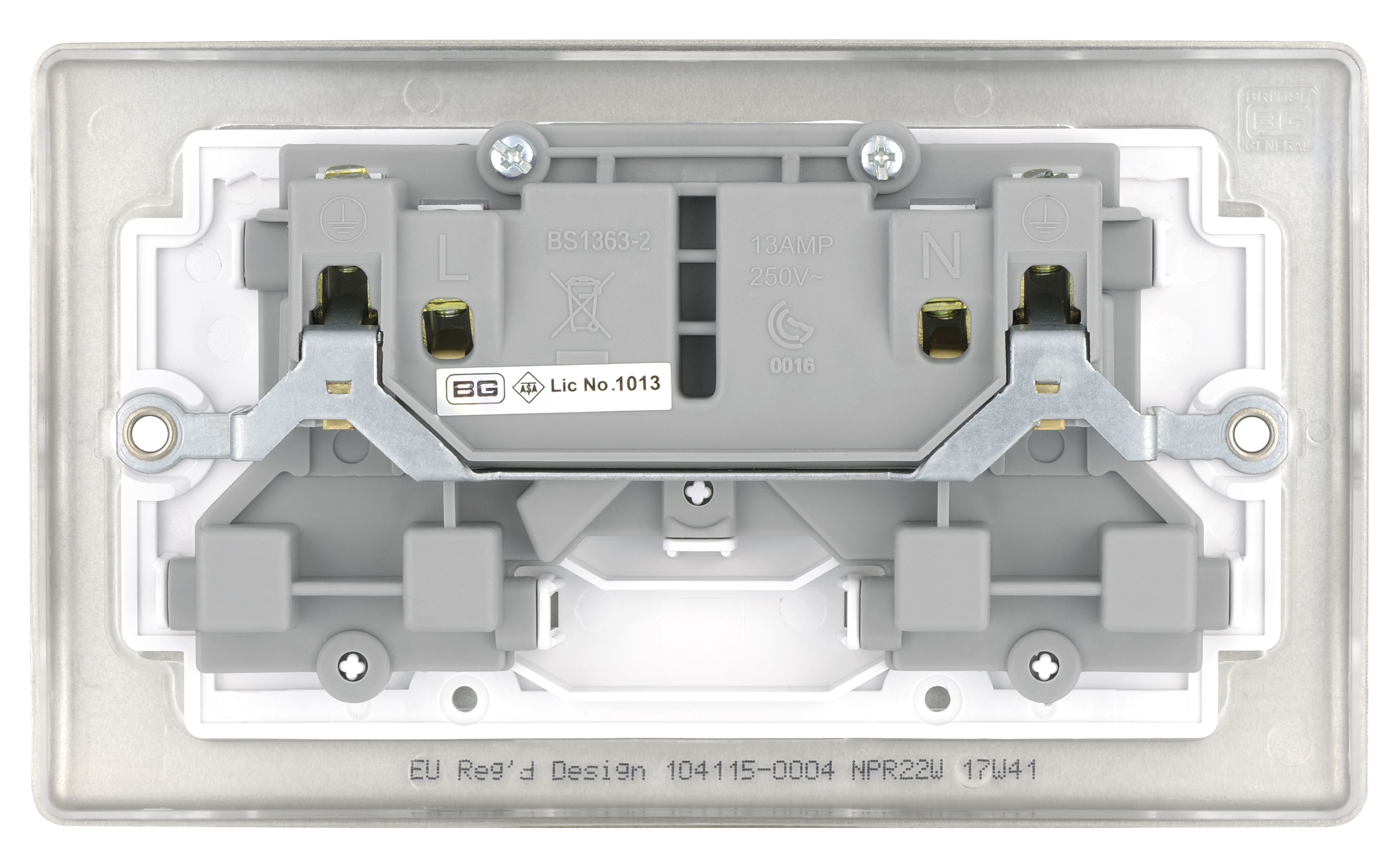 British General Nickel Double 13A Switched Socket with White inserts