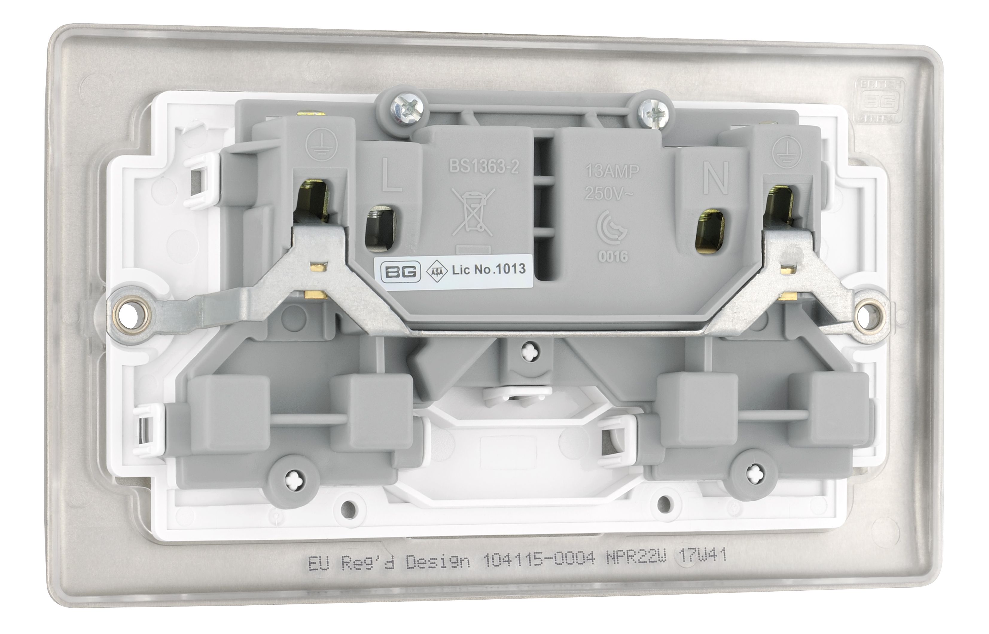 British General Nickel Double 13A Switched Socket with White inserts