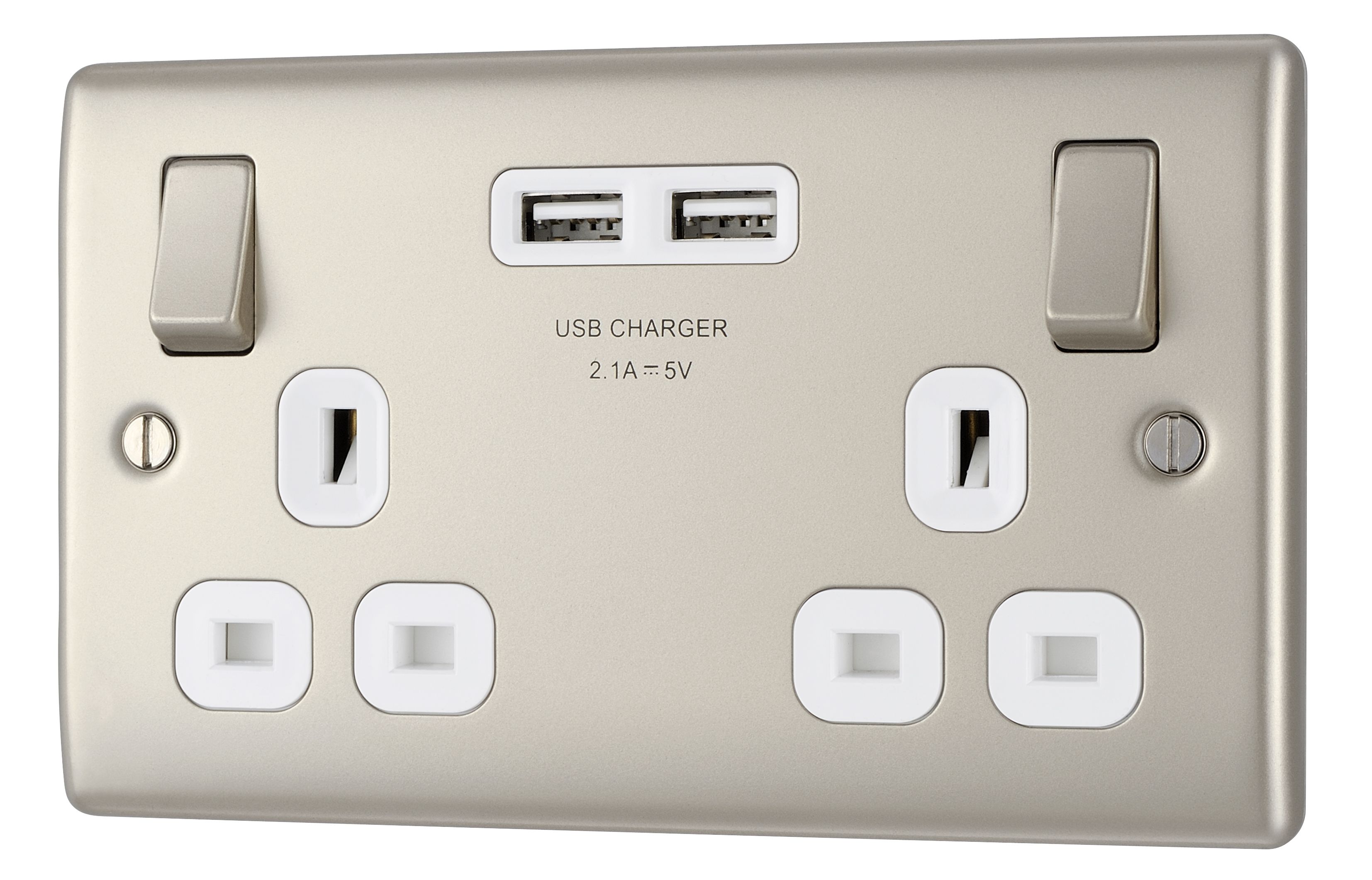British General Nickel effect Double USB socket, 2 x 2.1A USB