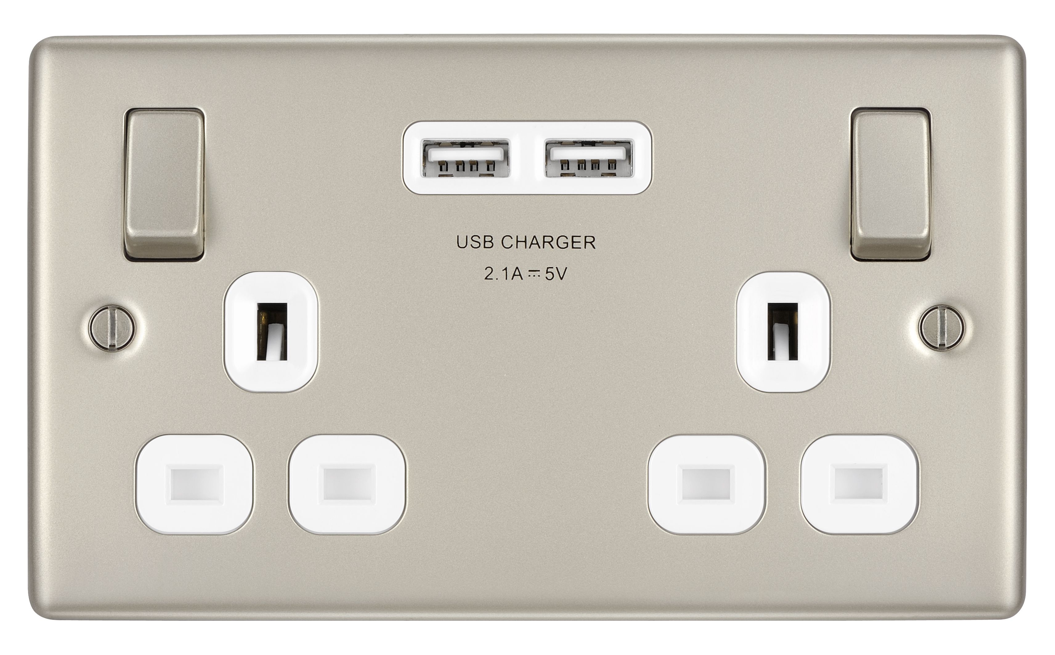 British General Nickel effect Double USB socket, 2 x 2.1A USB
