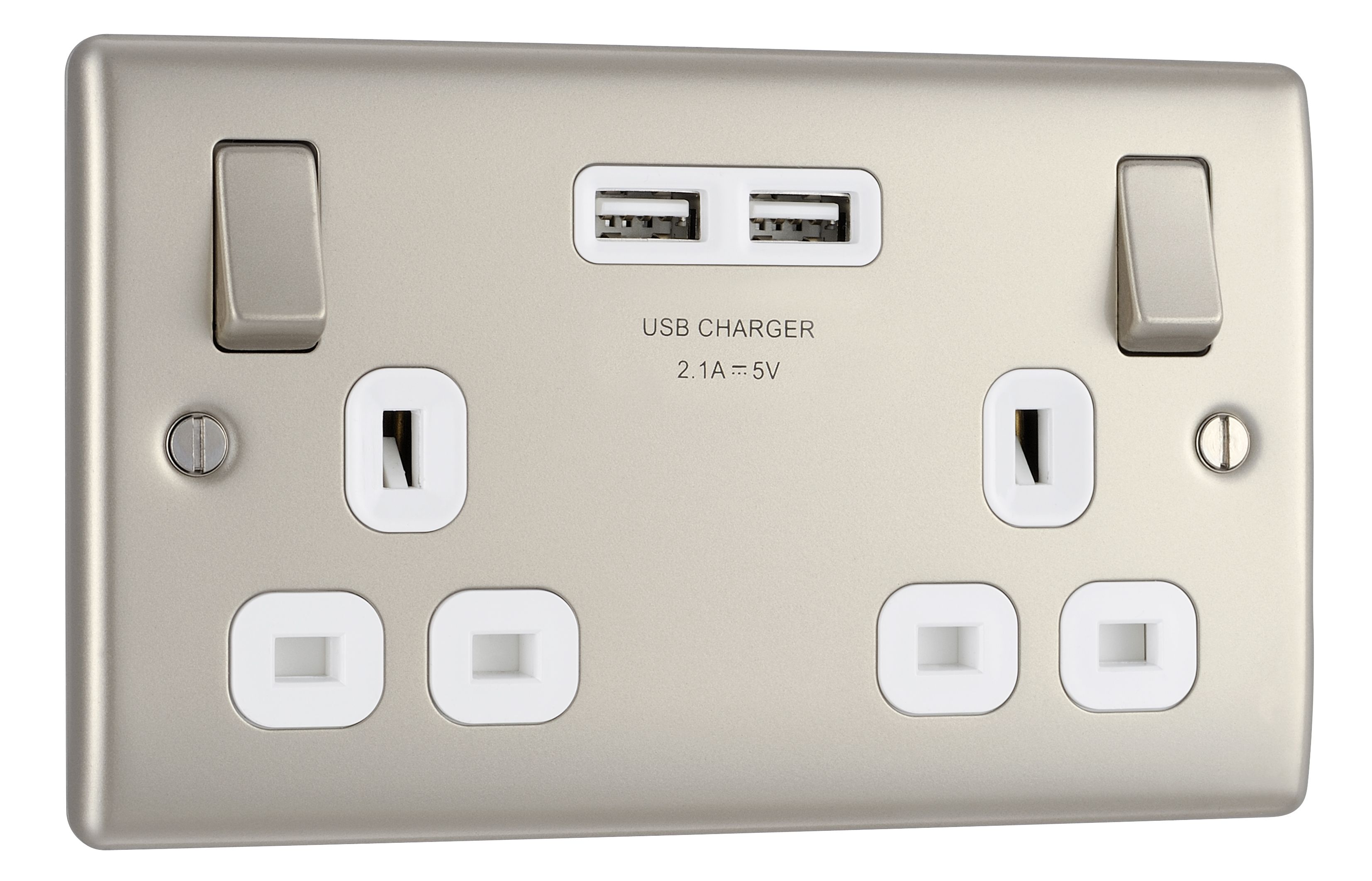 British General Nickel effect Double USB socket, 2 x 2.1A USB