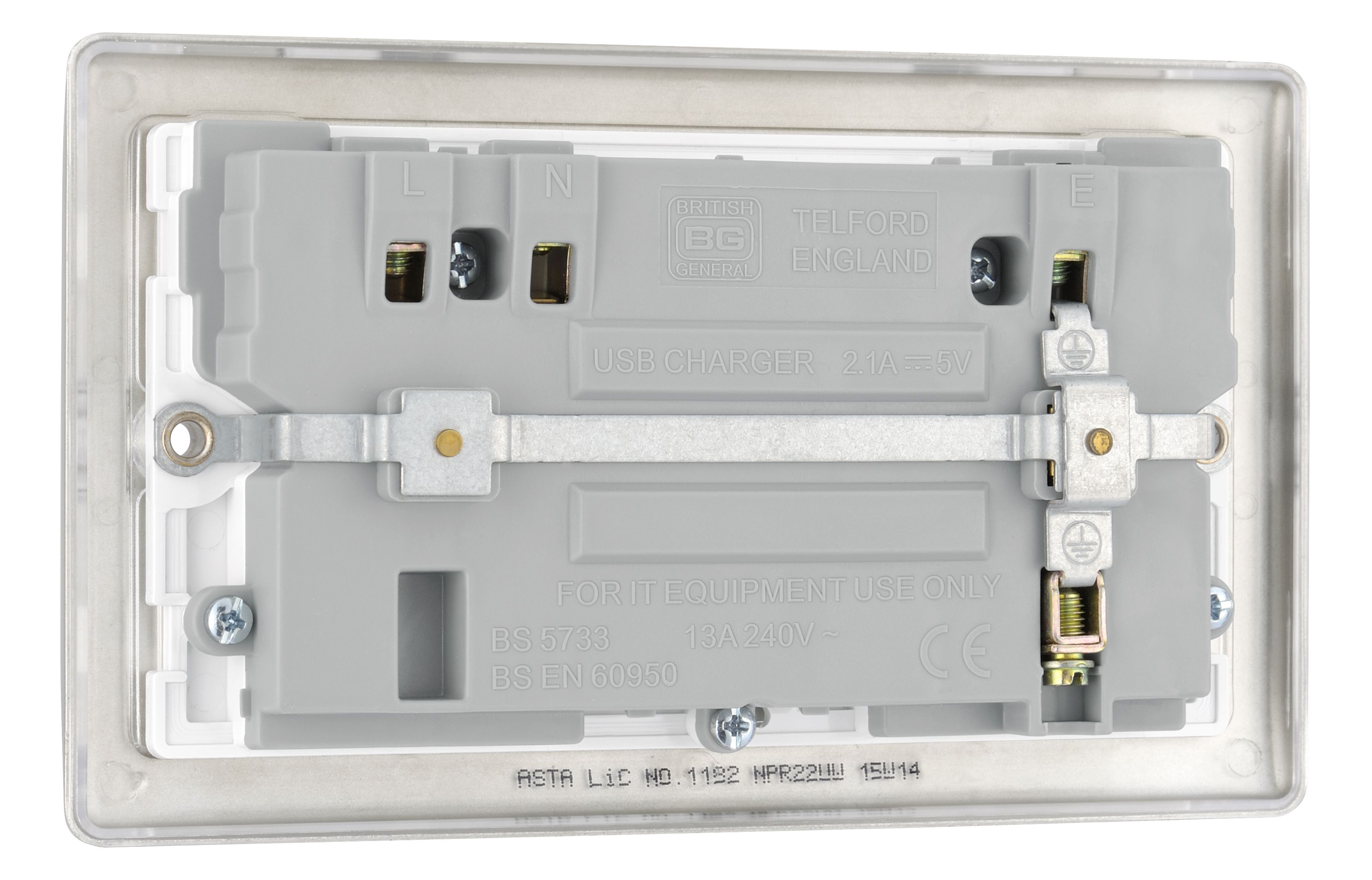 British General Nickel effect Double USB socket, 2 x 2.1A USB