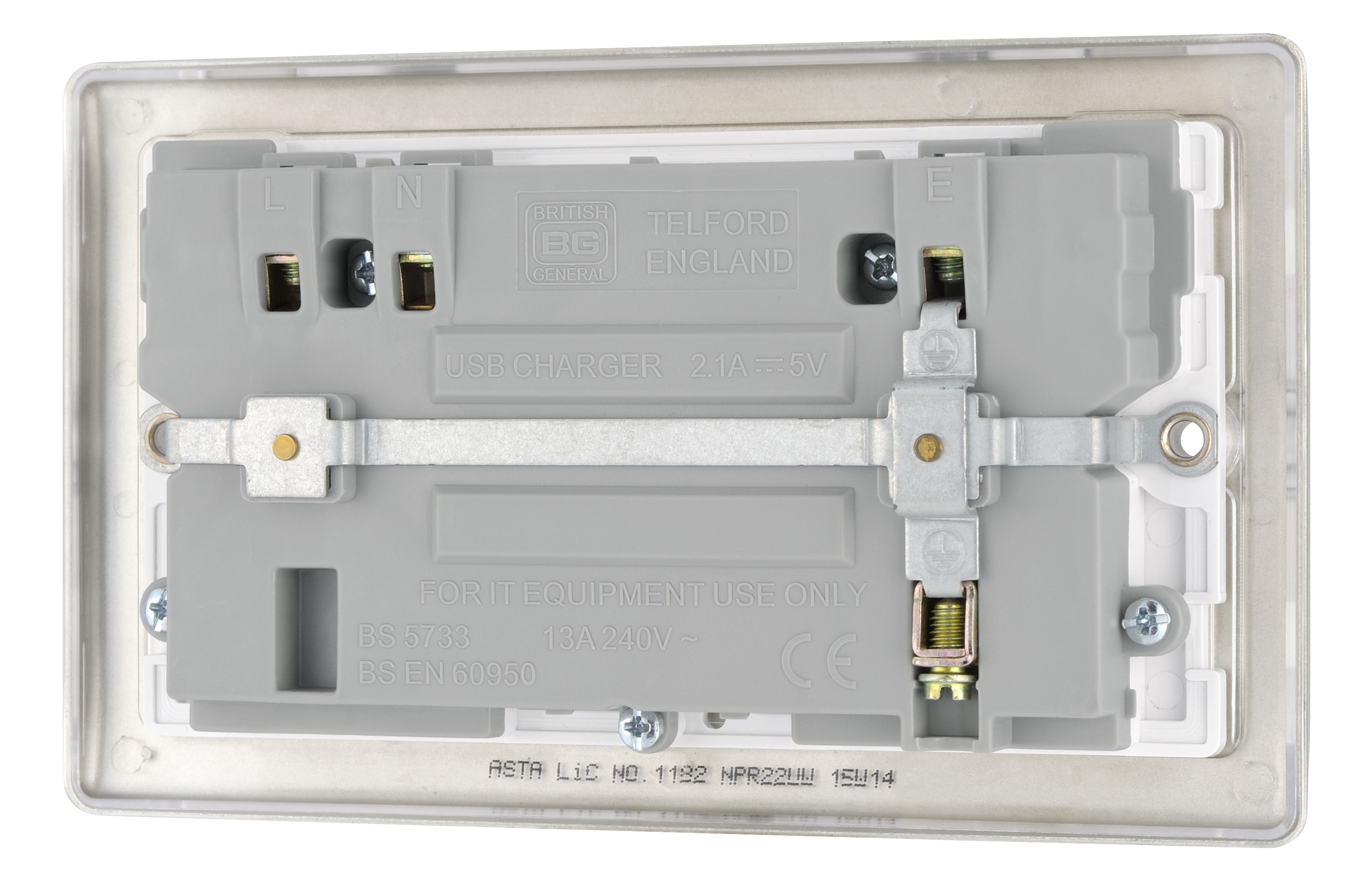 British General Nickel effect Double USB socket, 2 x 2.1A USB