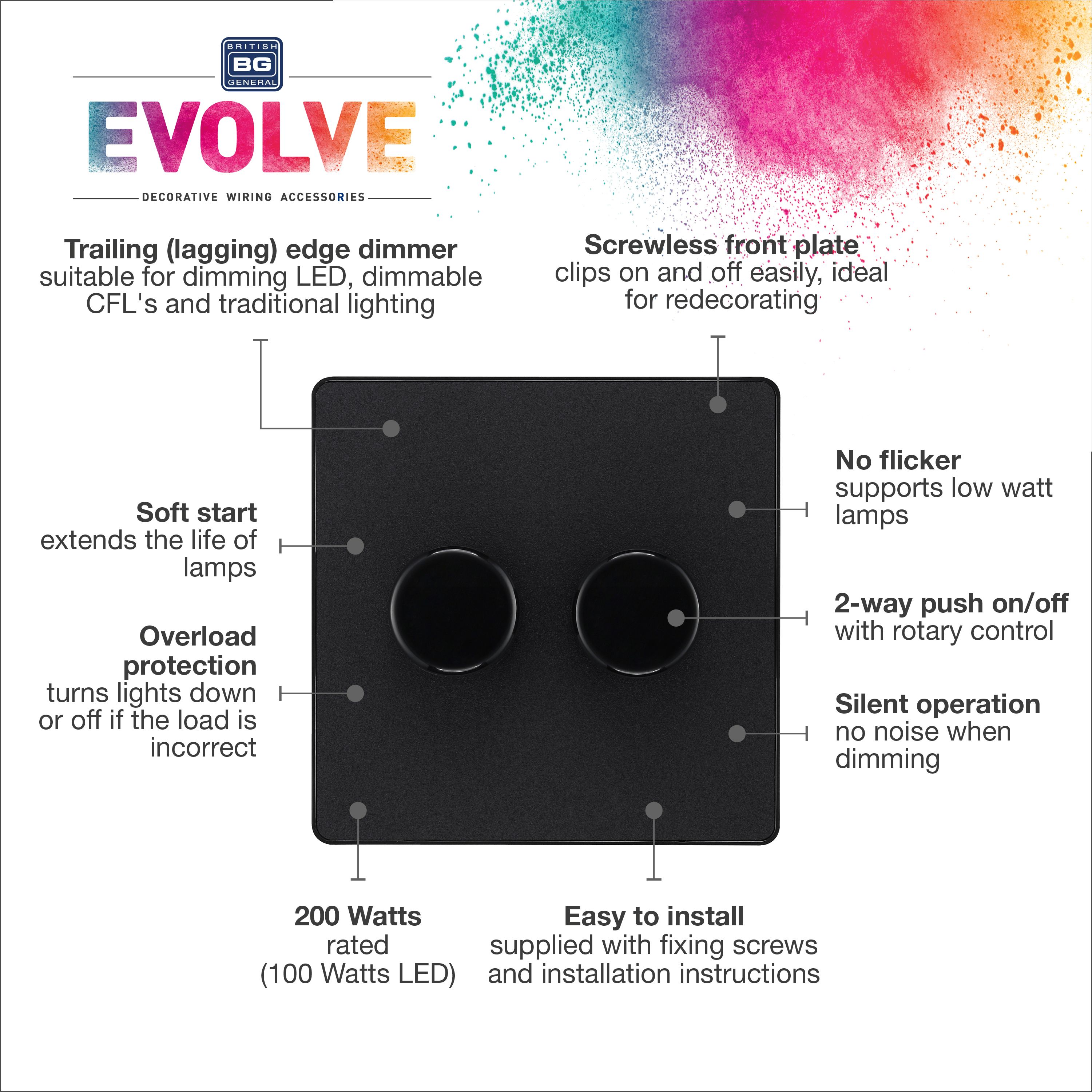 British General profile Double 2 way 200W Screwless Dimmer switch Matt Black - 7