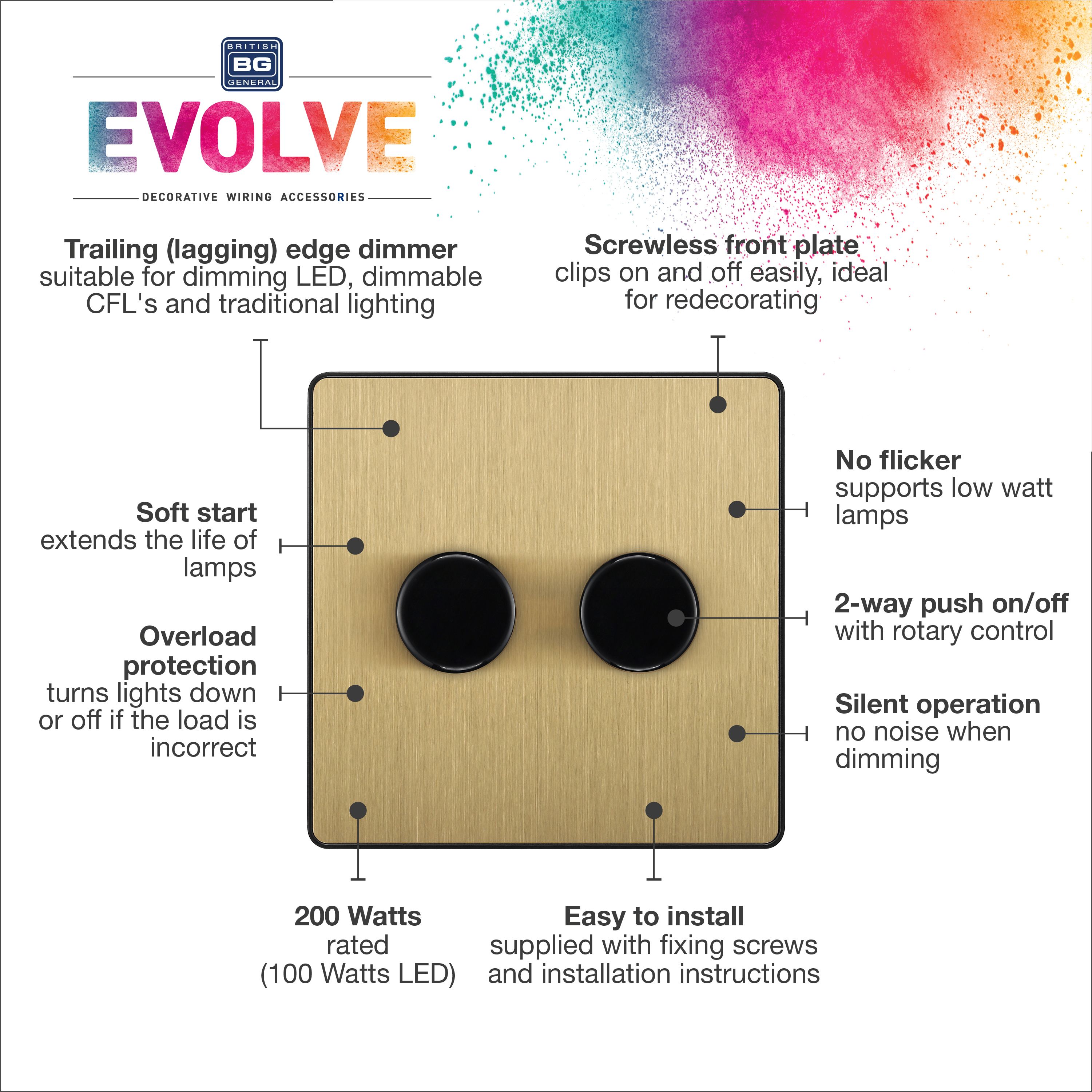 British General profile Double 2 way 200W Screwless Dimmer switch Satin Gold - 7