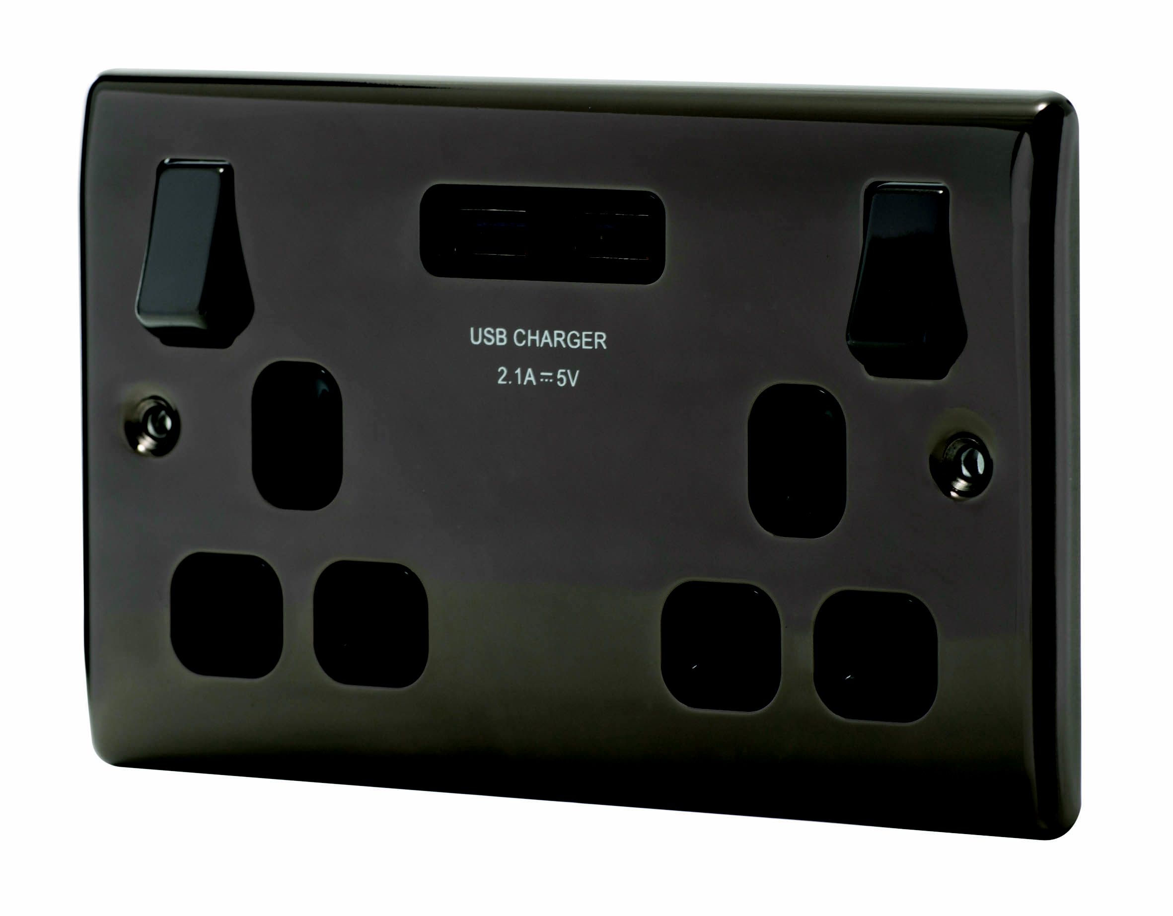 British General Raised slim Switched Socket with USB, x2 & Black inserts