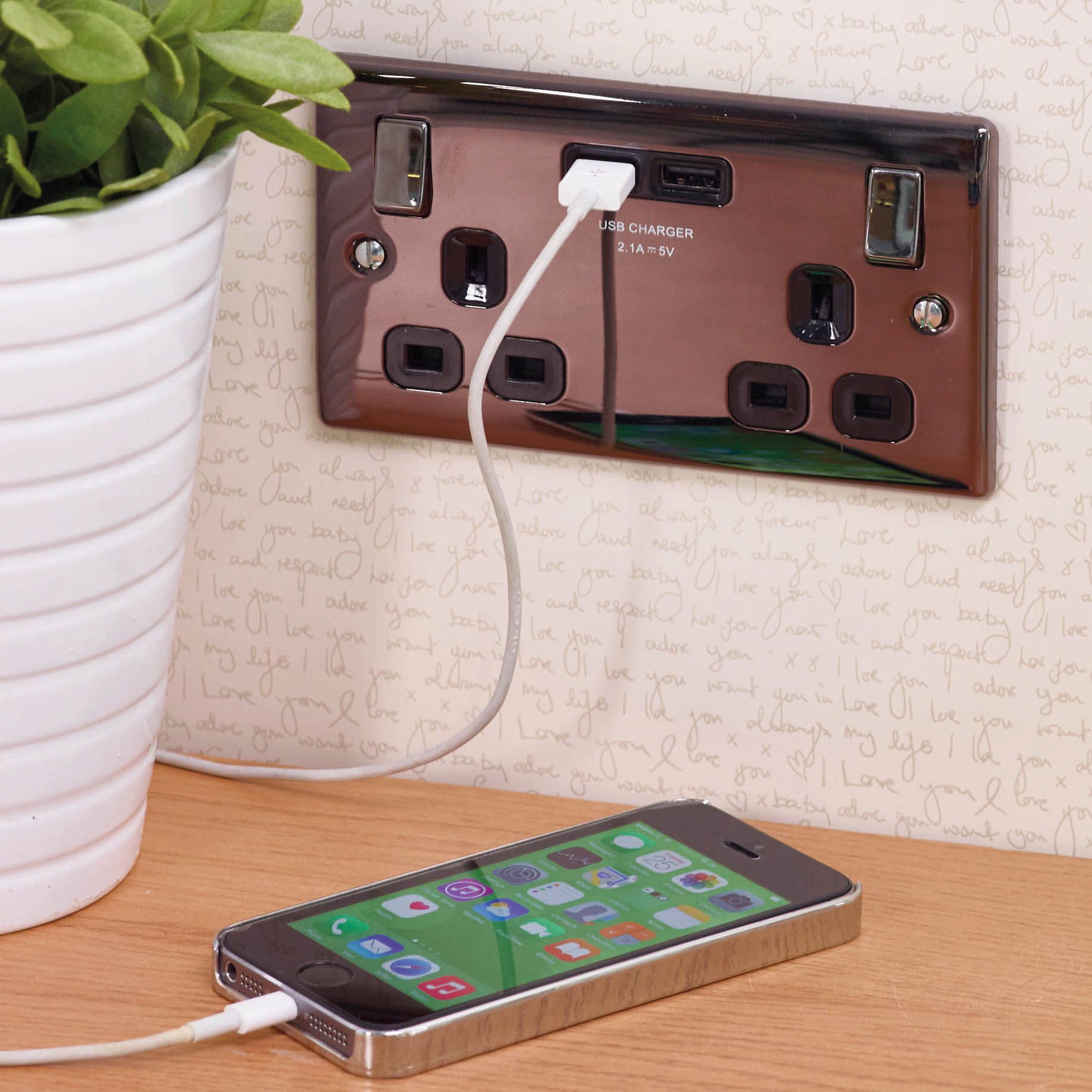 British General Raised slim Switched Socket with USB, x2 & Black inserts