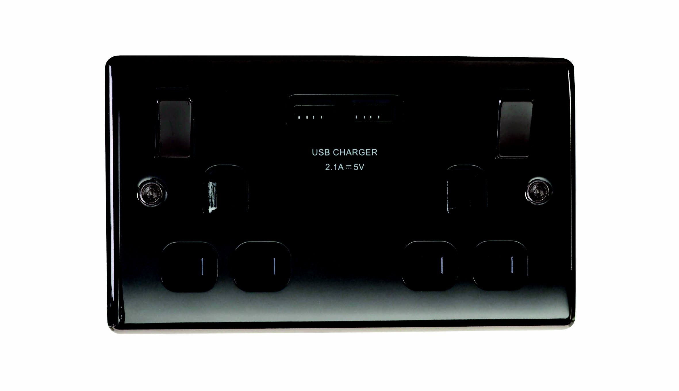 British General Raised slim Switched Socket with USB, x2 & Black inserts