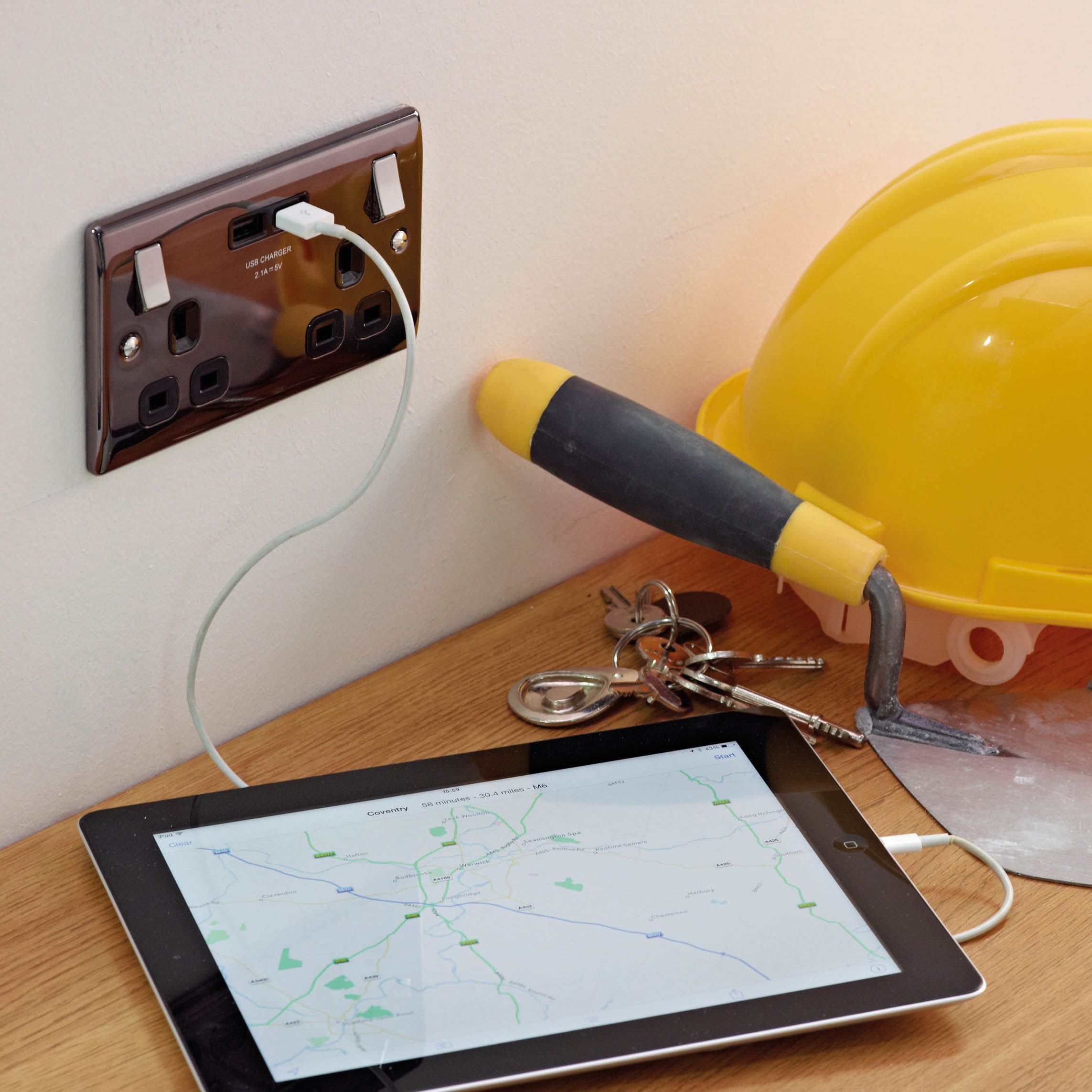 British General Raised slim Switched Socket with USB, x2 & Black inserts