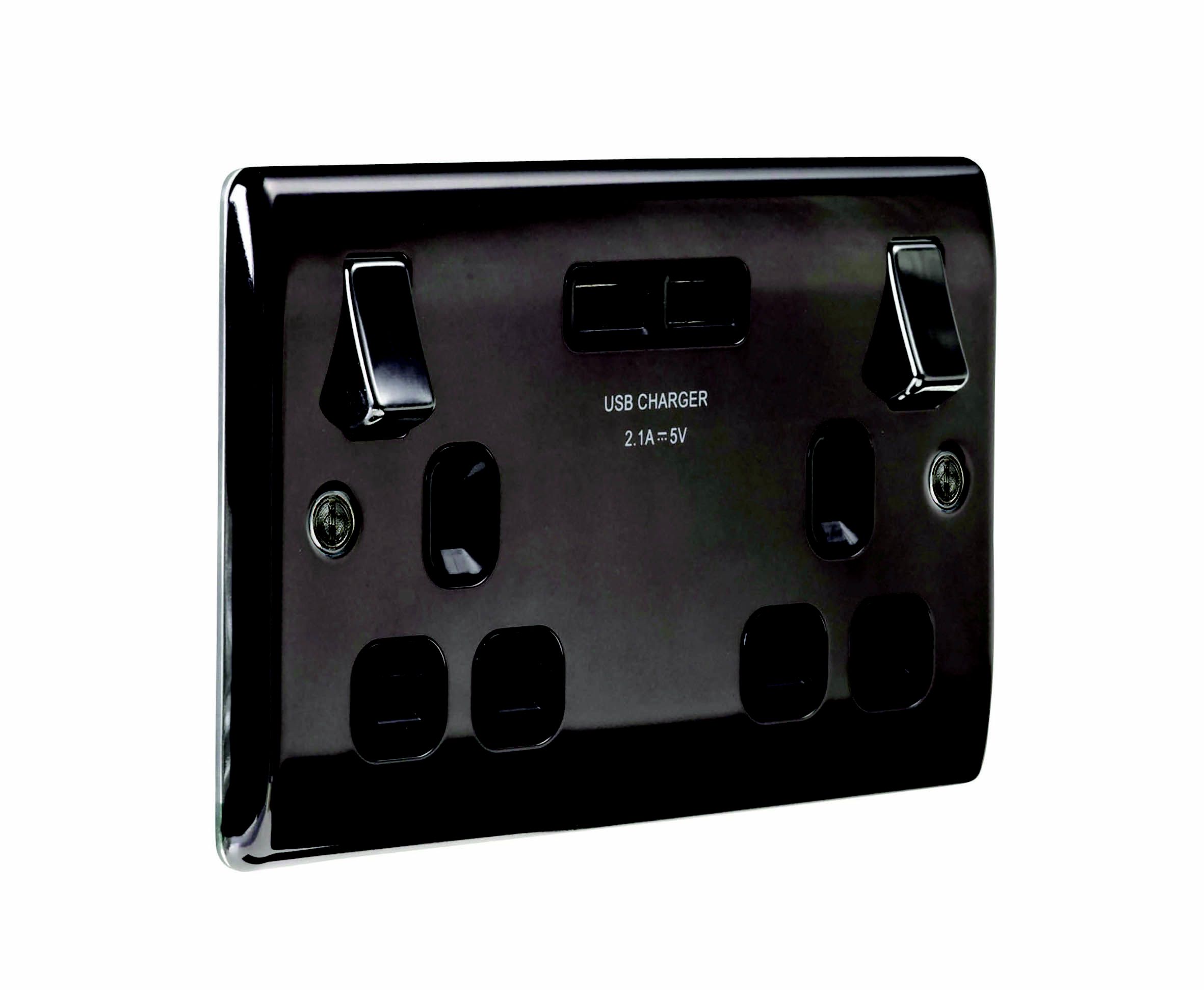 British General Raised slim Switched Socket with USB, x2 & Black inserts