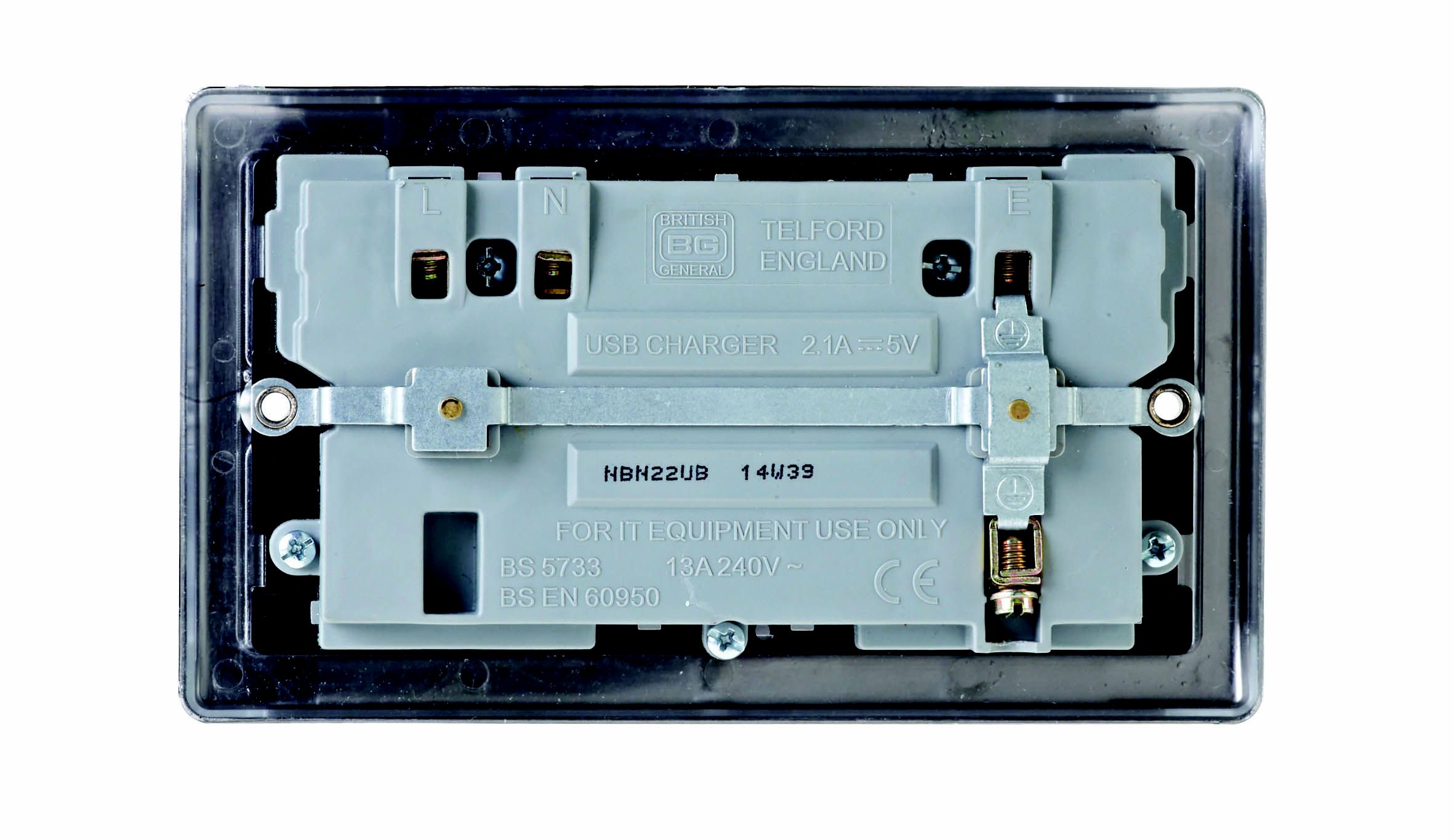 British General Raised slim Switched Socket with USB, x2 & Black inserts