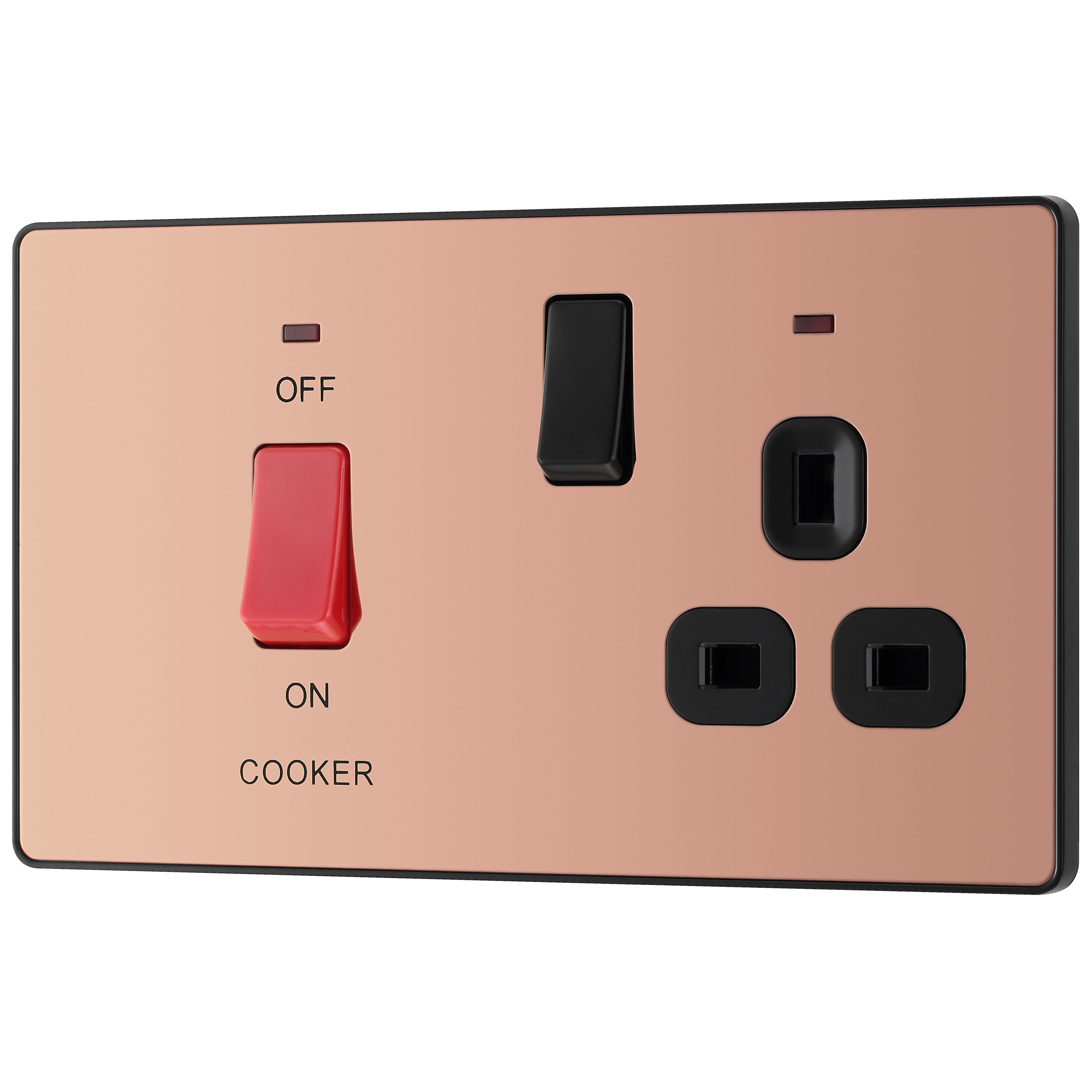 British General Screwless Gloss Copper Cooker switch & socket with neon & Black inserts