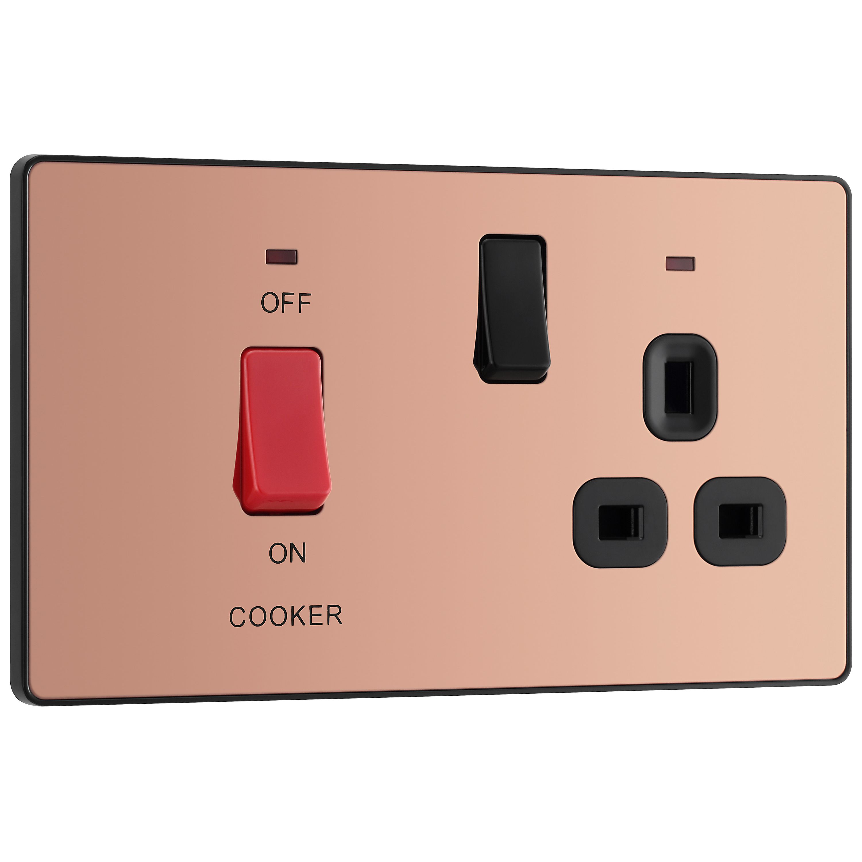 British General Screwless Gloss Copper Cooker switch & socket with neon & Black inserts