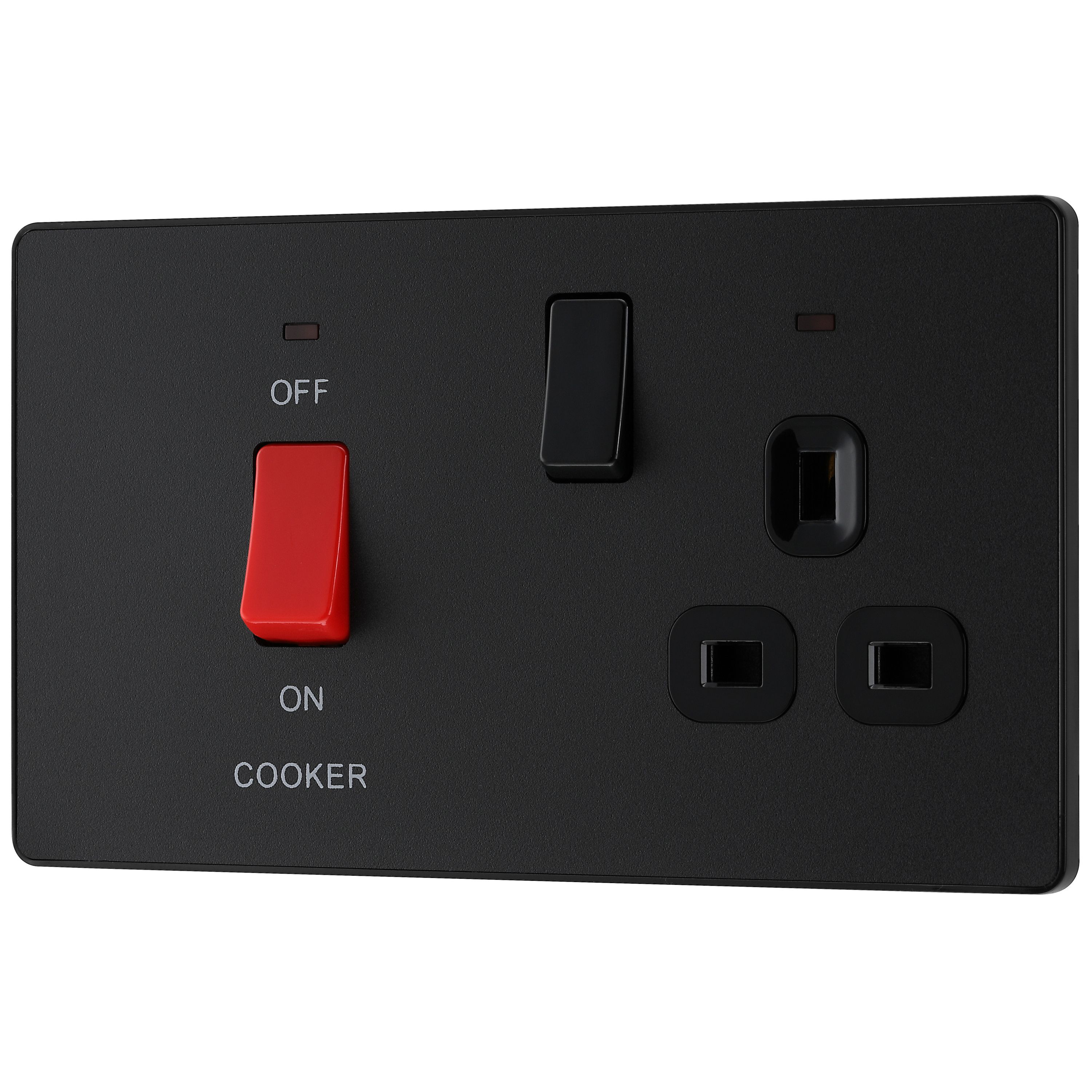 British General Screwless Matt Black Cooker switch & socket with neon & Black inserts