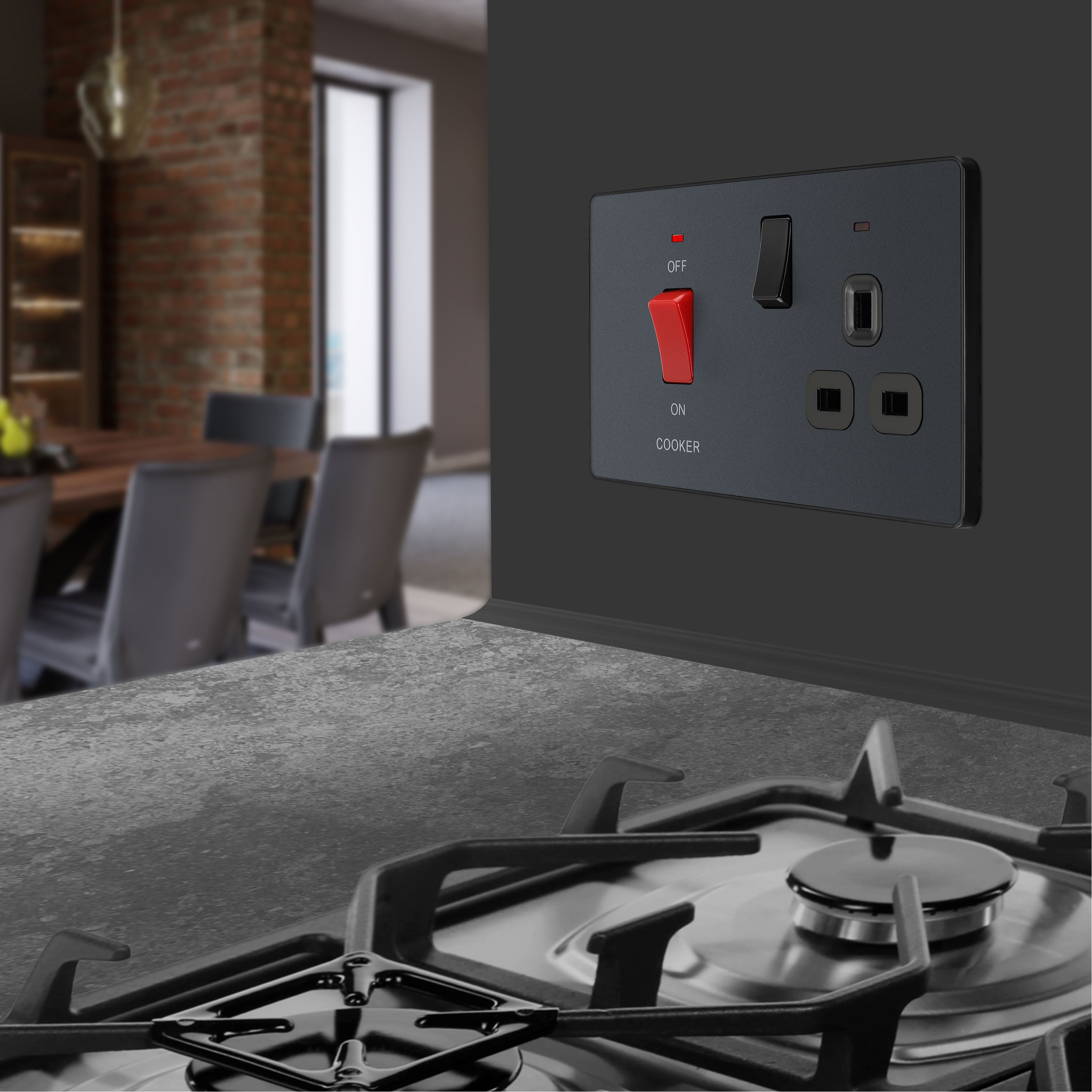 British General Screwless Matt Grey Cooker switch & socket with neon ...