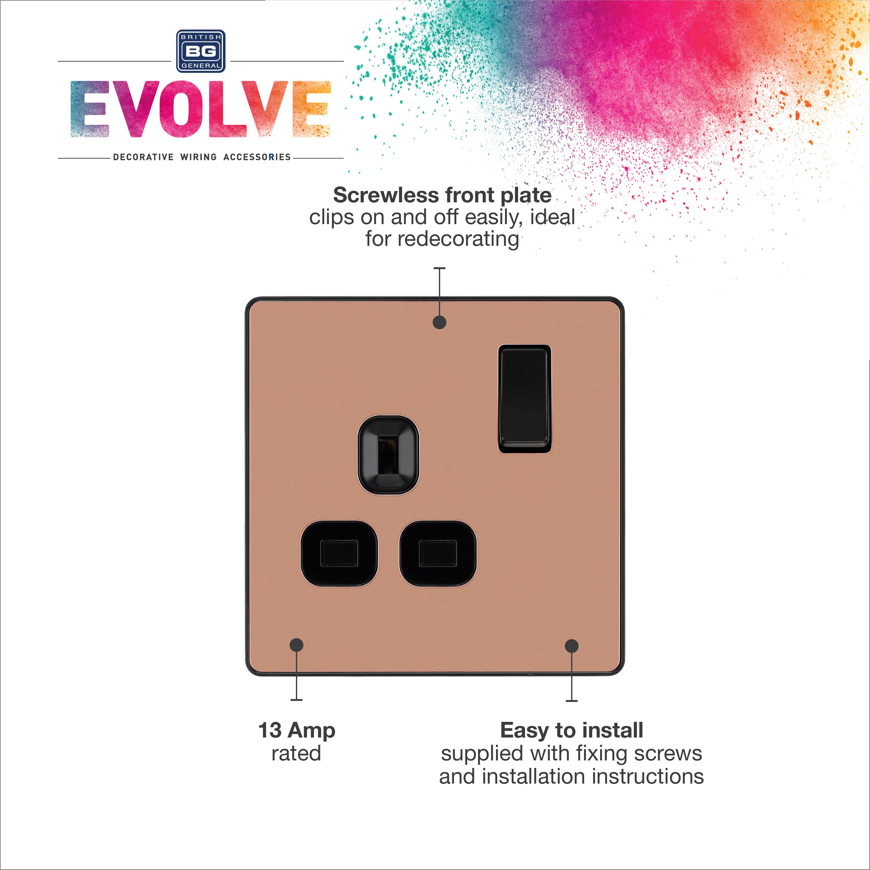 British General Single 13A Gloss Copper Switched socket & Black inserts - 7