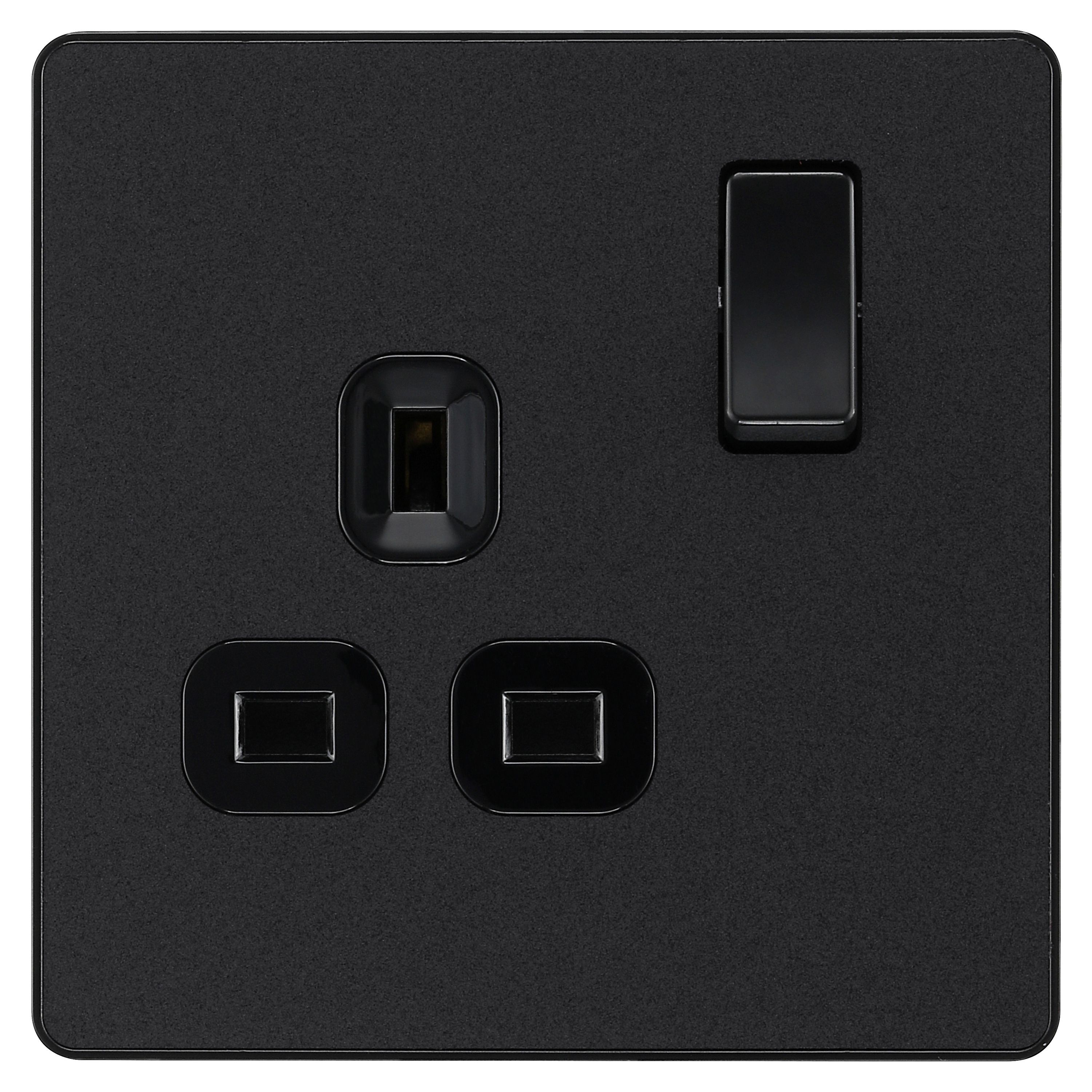 British General Single 13A Matt Black Switched socket & Black inserts