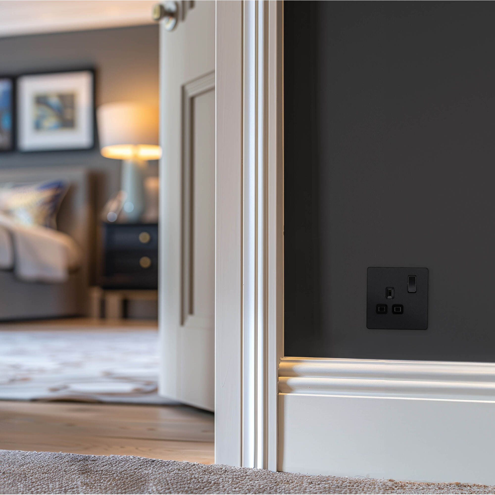 British General Single 13A Matt Black Switched socket & Black inserts