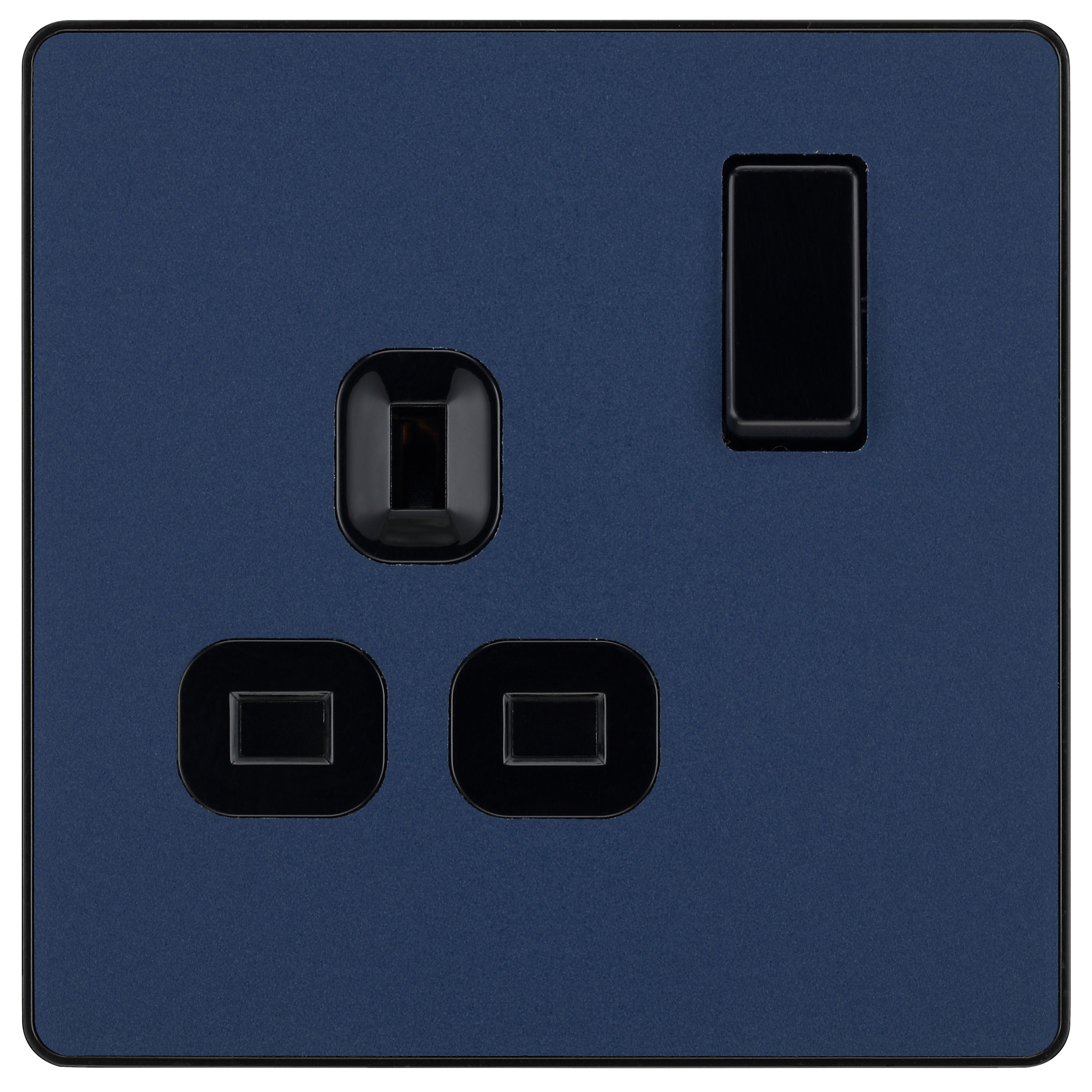 British General Single 13A Matt Blue Switched socket & Black inserts