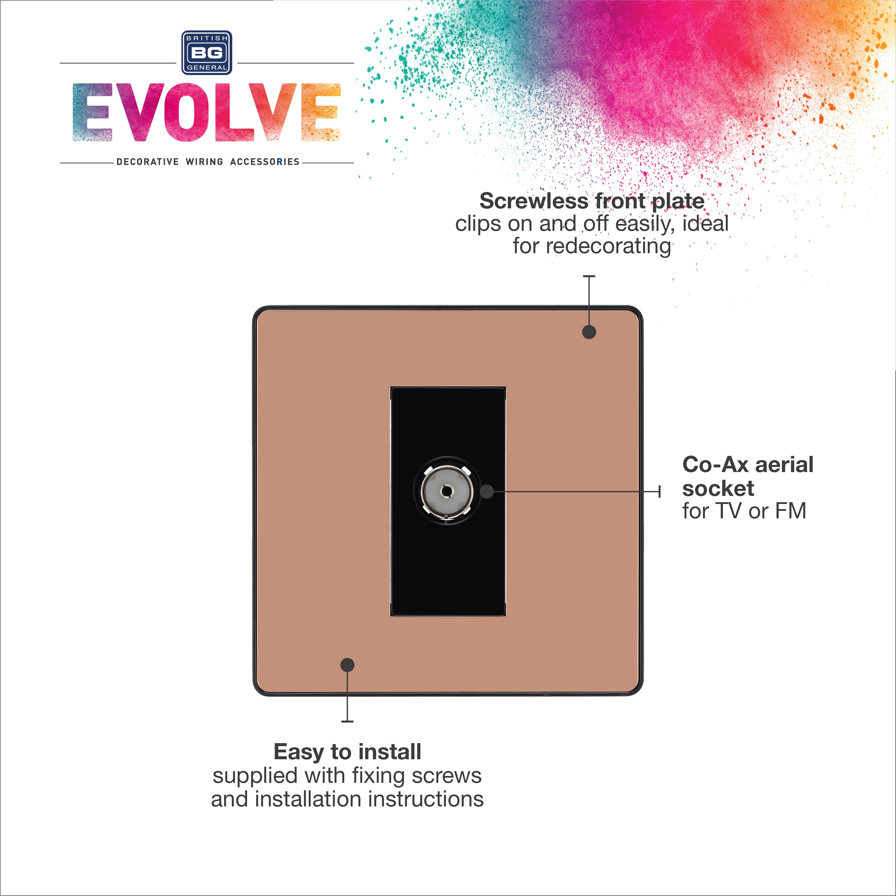 British General Single Screwless TV & radio socket Gloss Copper effect