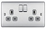 British General Steel Double 13A Switched Socket with Grey inserts