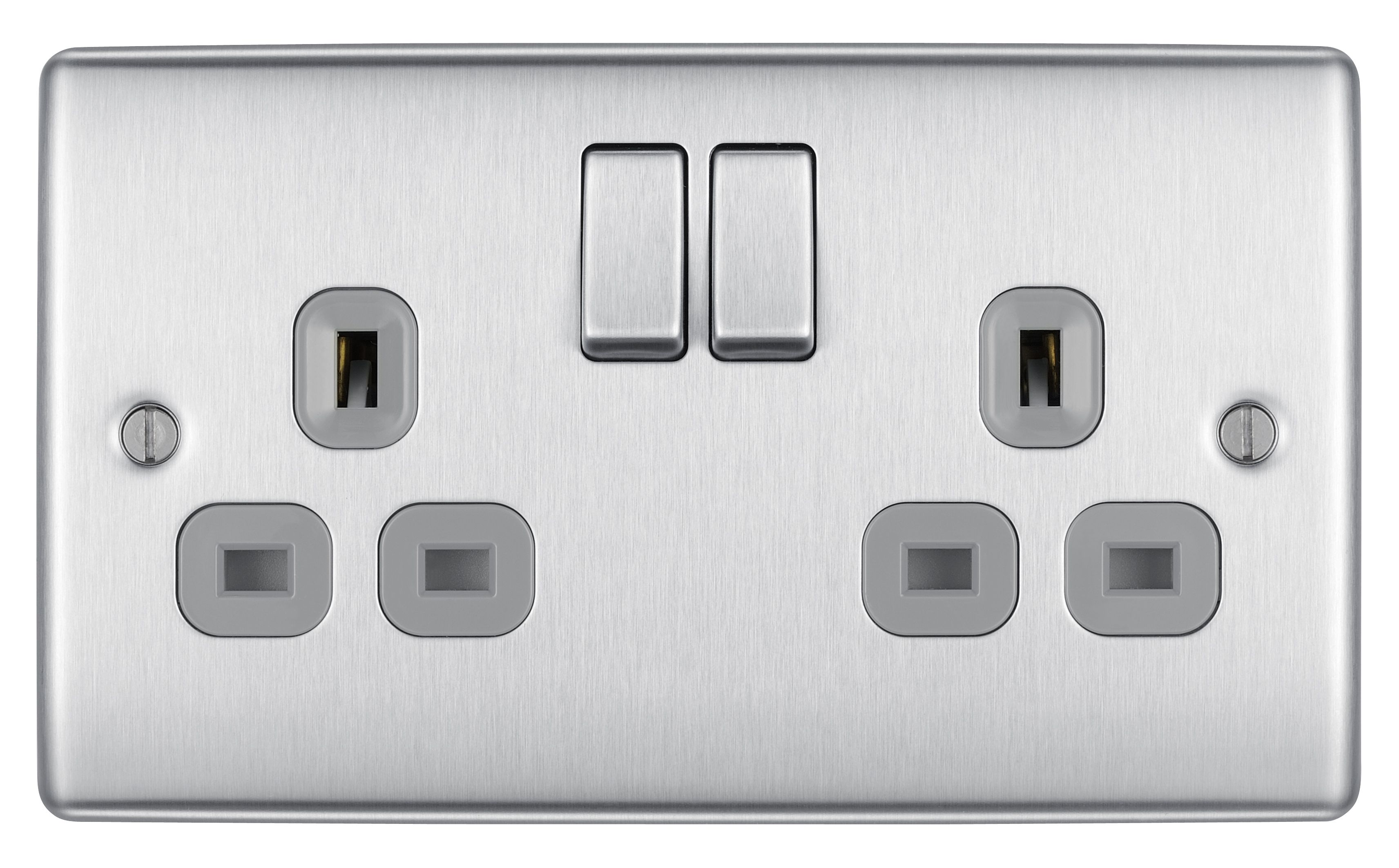 British General Steel Double 13A Switched Socket with Grey inserts