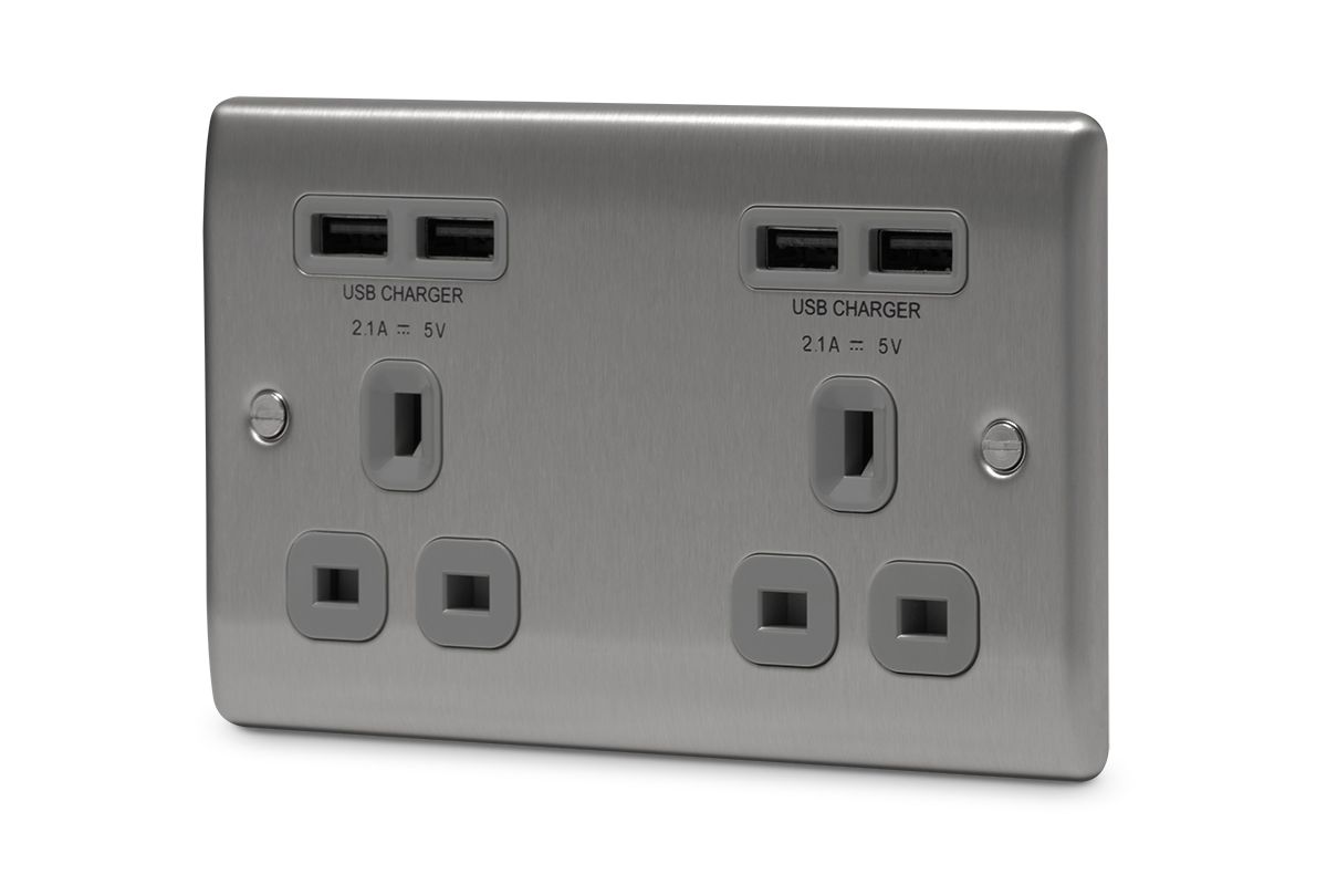 British General Steel Double 4.2A Raised Unswitched Screwed Socket with USB, x4 & Grey inserts
