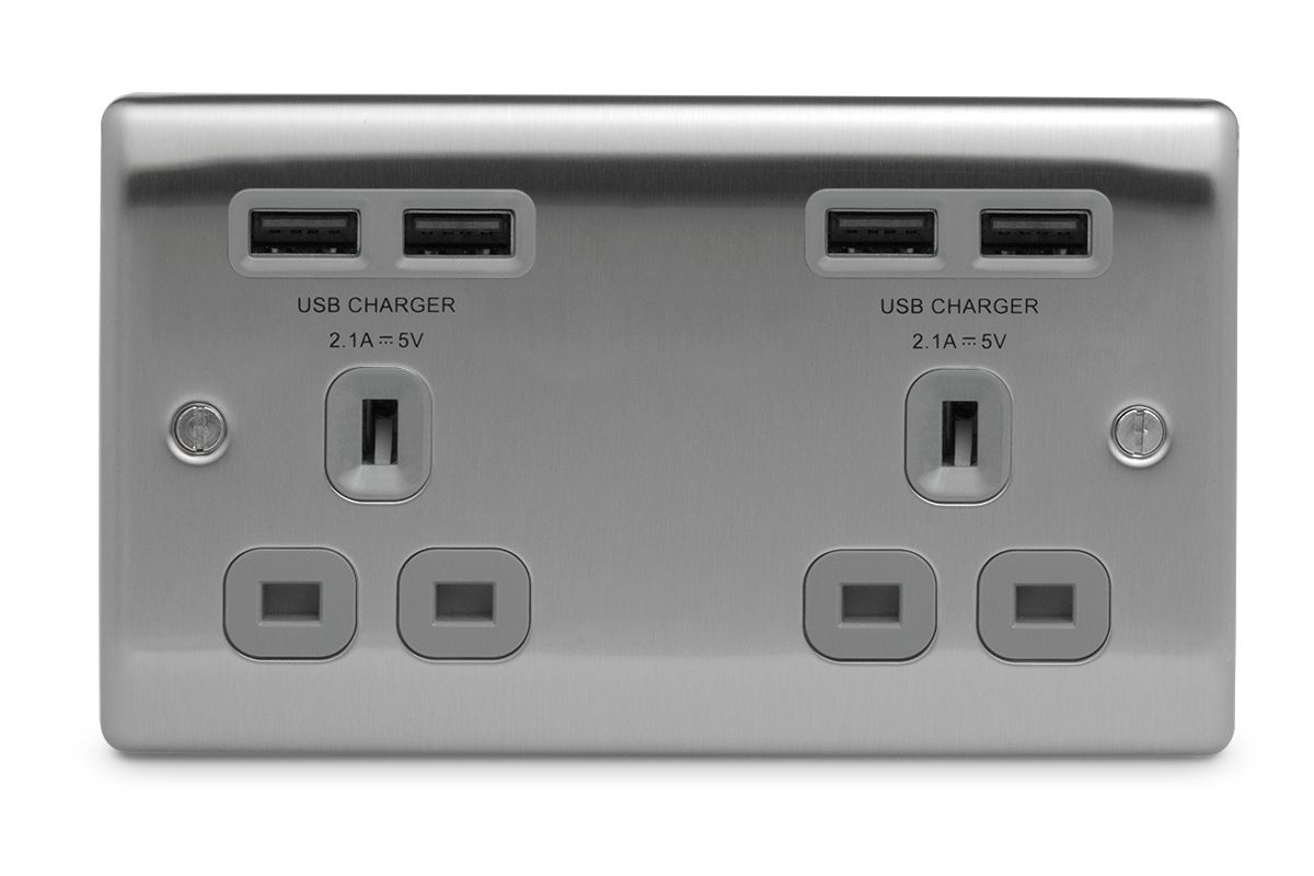 British General Steel Double 4.2A Raised Unswitched Screwed Socket with USB, x4 & Grey inserts