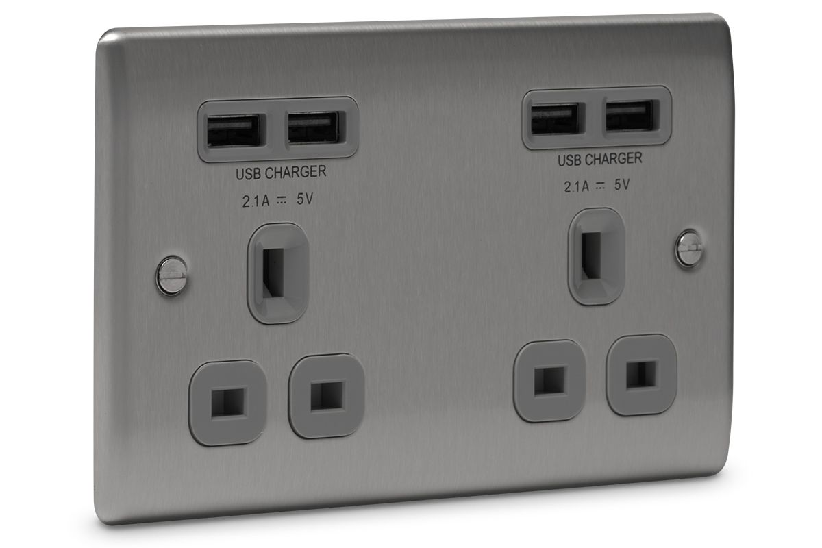 British General Steel Double 4.2A Raised Unswitched Screwed Socket with USB, x4 & Grey inserts