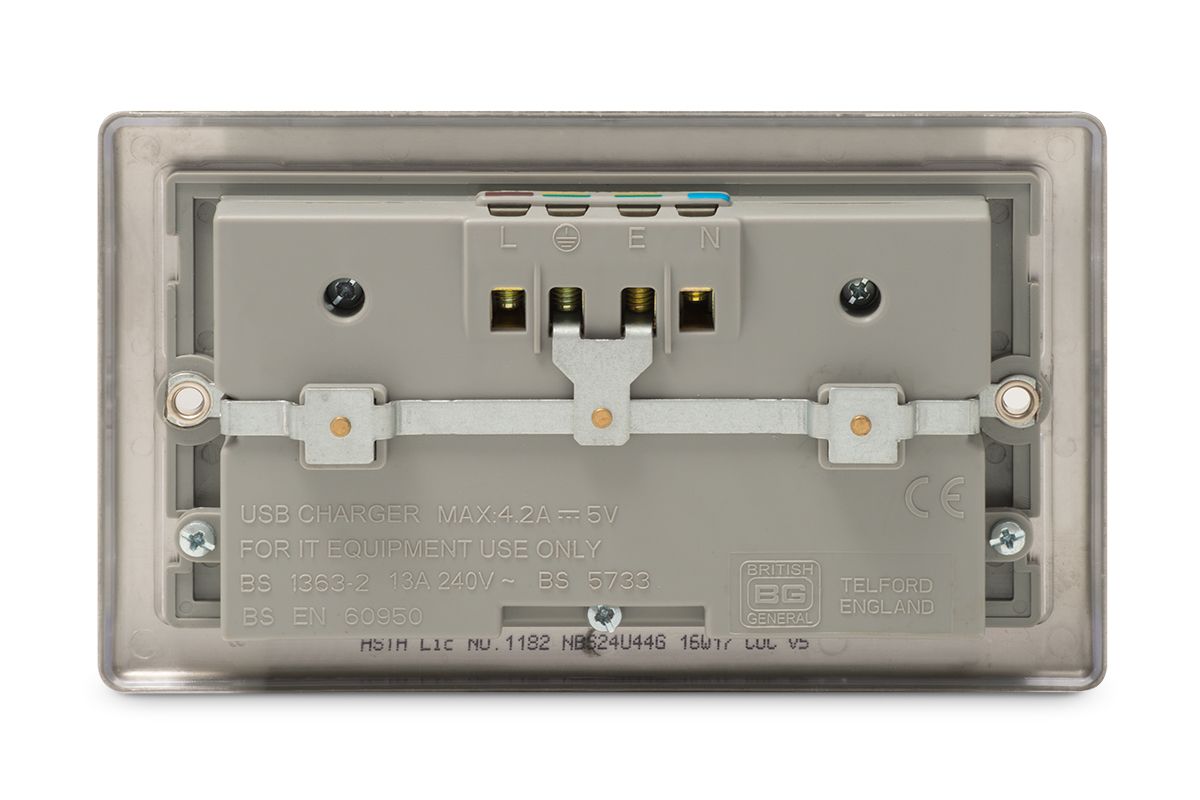British General Steel Double 4.2A Raised Unswitched Screwed Socket with USB, x4 & Grey inserts