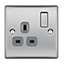 British General Steel Single 13A Switched Socket with Black inserts