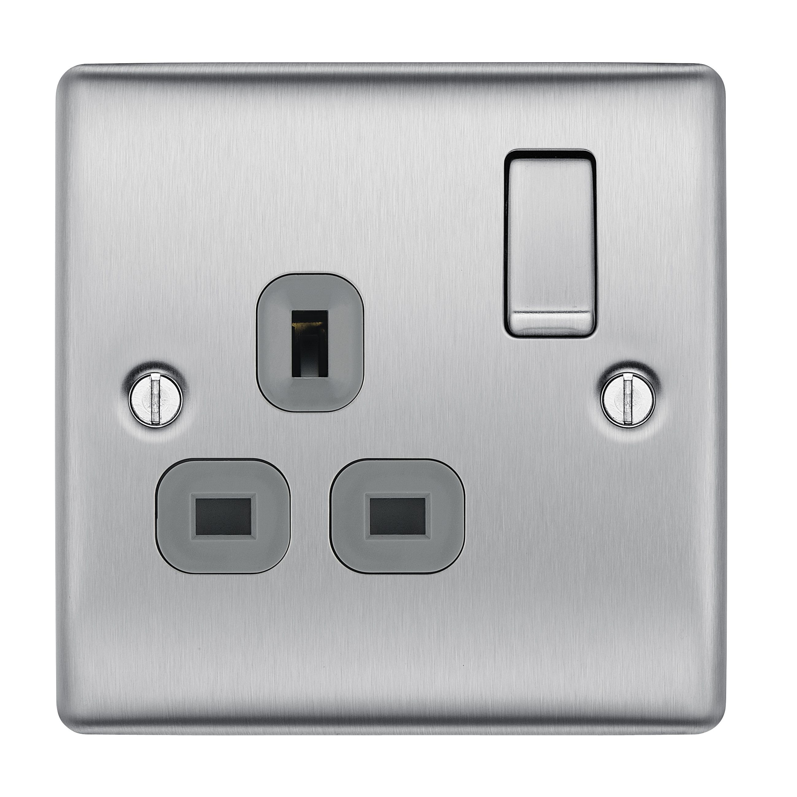 British General Steel Single 13A Switched Socket with Black inserts ...