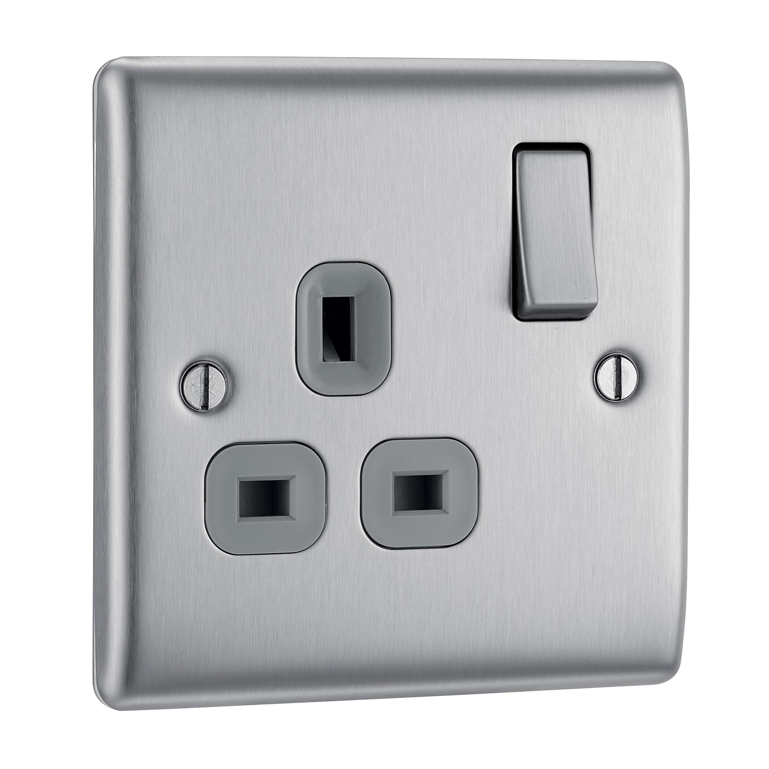 British General Steel Single 13A Switched Socket with Black inserts
