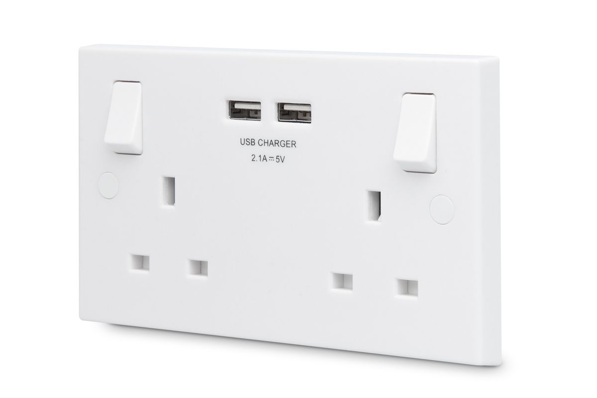 British General White Double USB socket, 2 x 2.1A USB