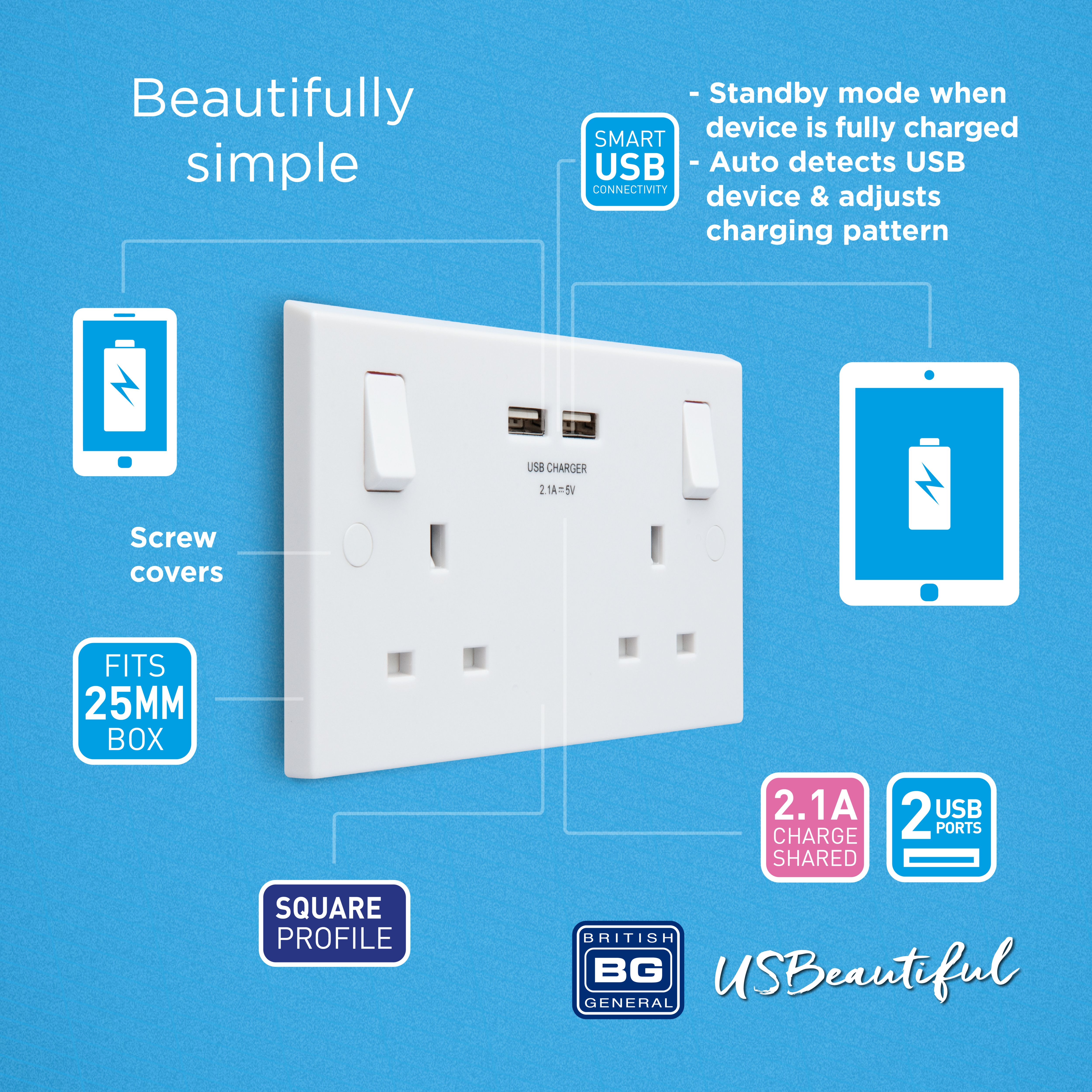 British General White Double USB socket, 2 x 2.1A USB