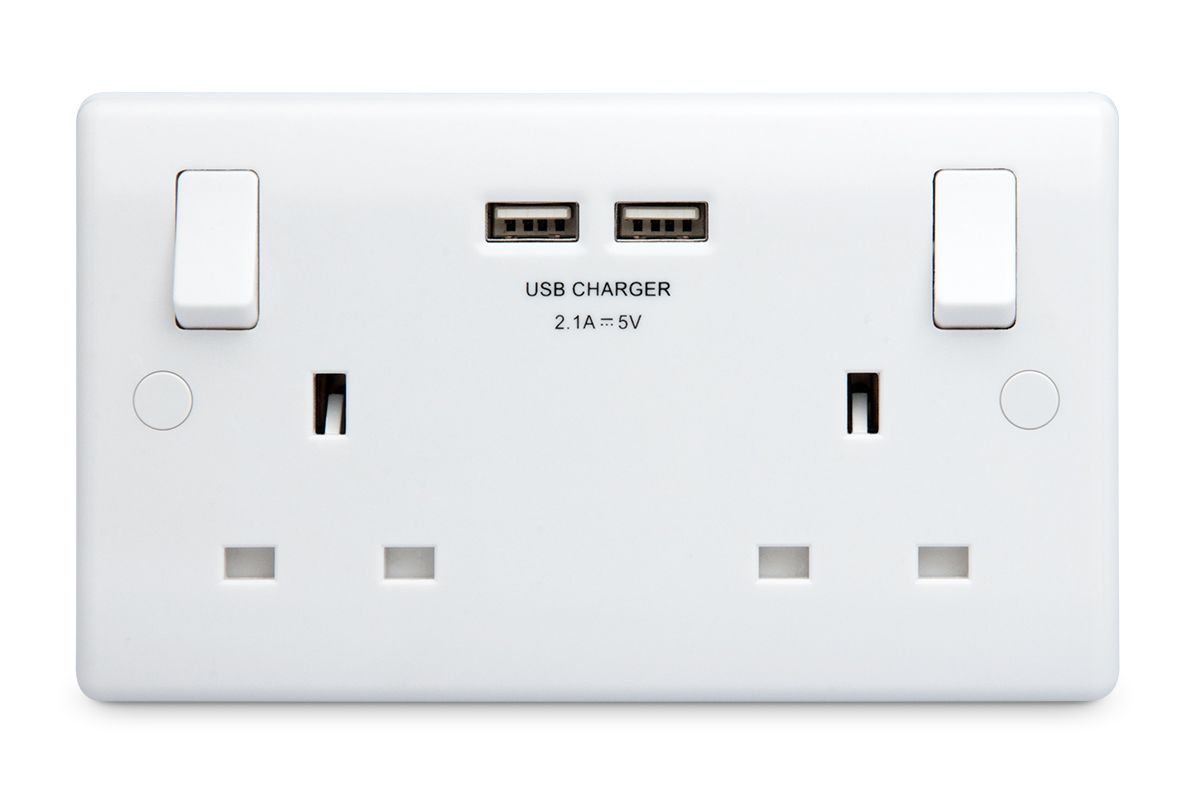 British General White Double USB socket, 2 x 2.1A USB