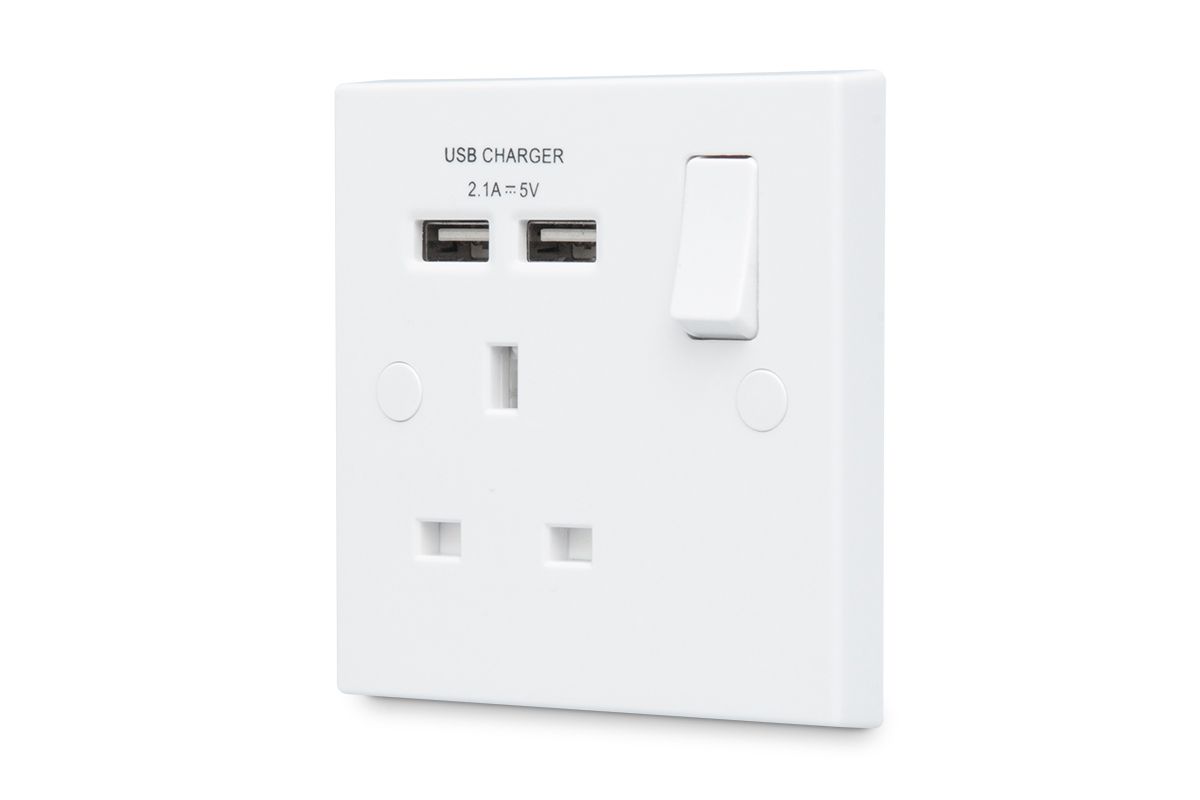 British General White Single USB socket, 2 x 2.1A USB