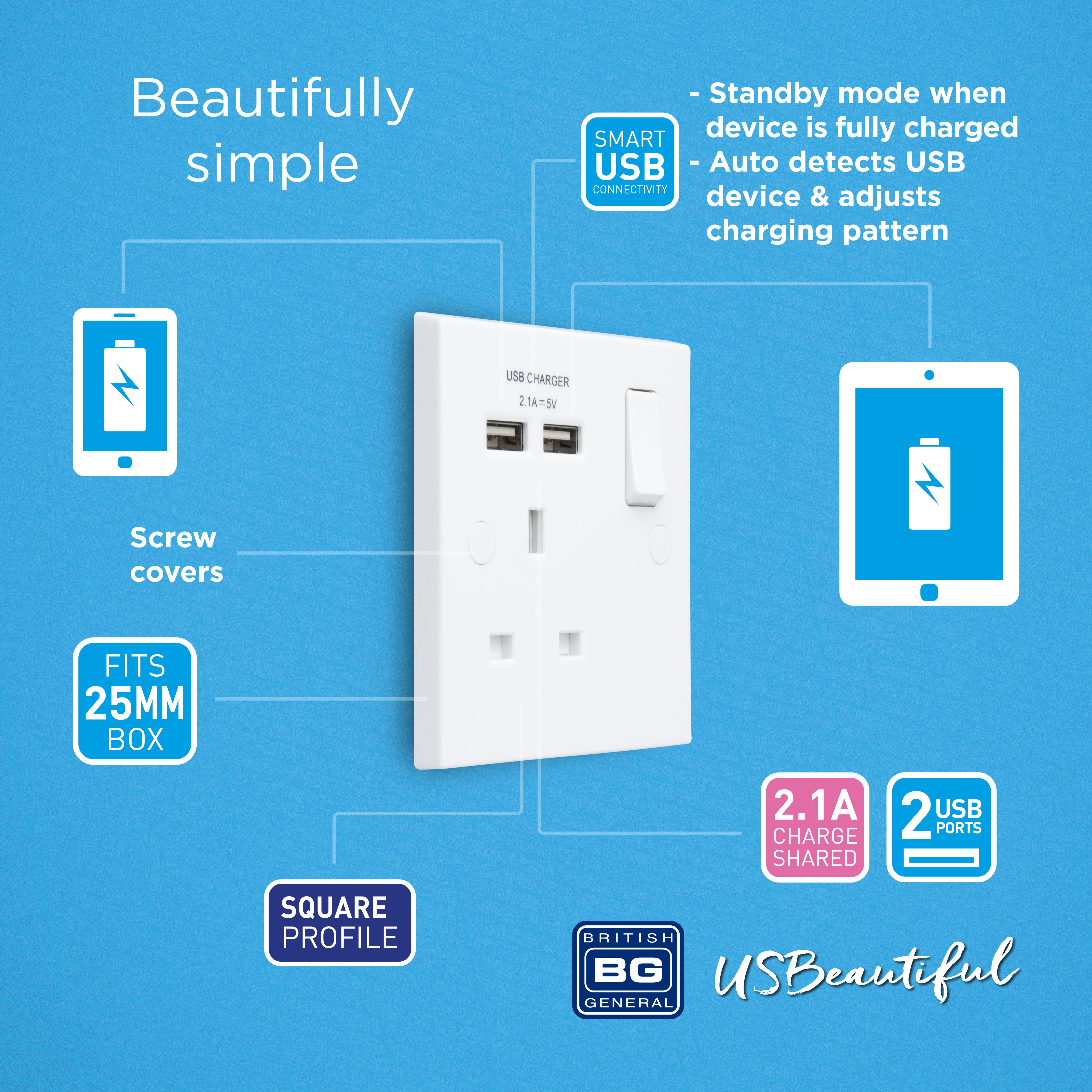 British General White Single USB socket, 2 x 2.1A USB