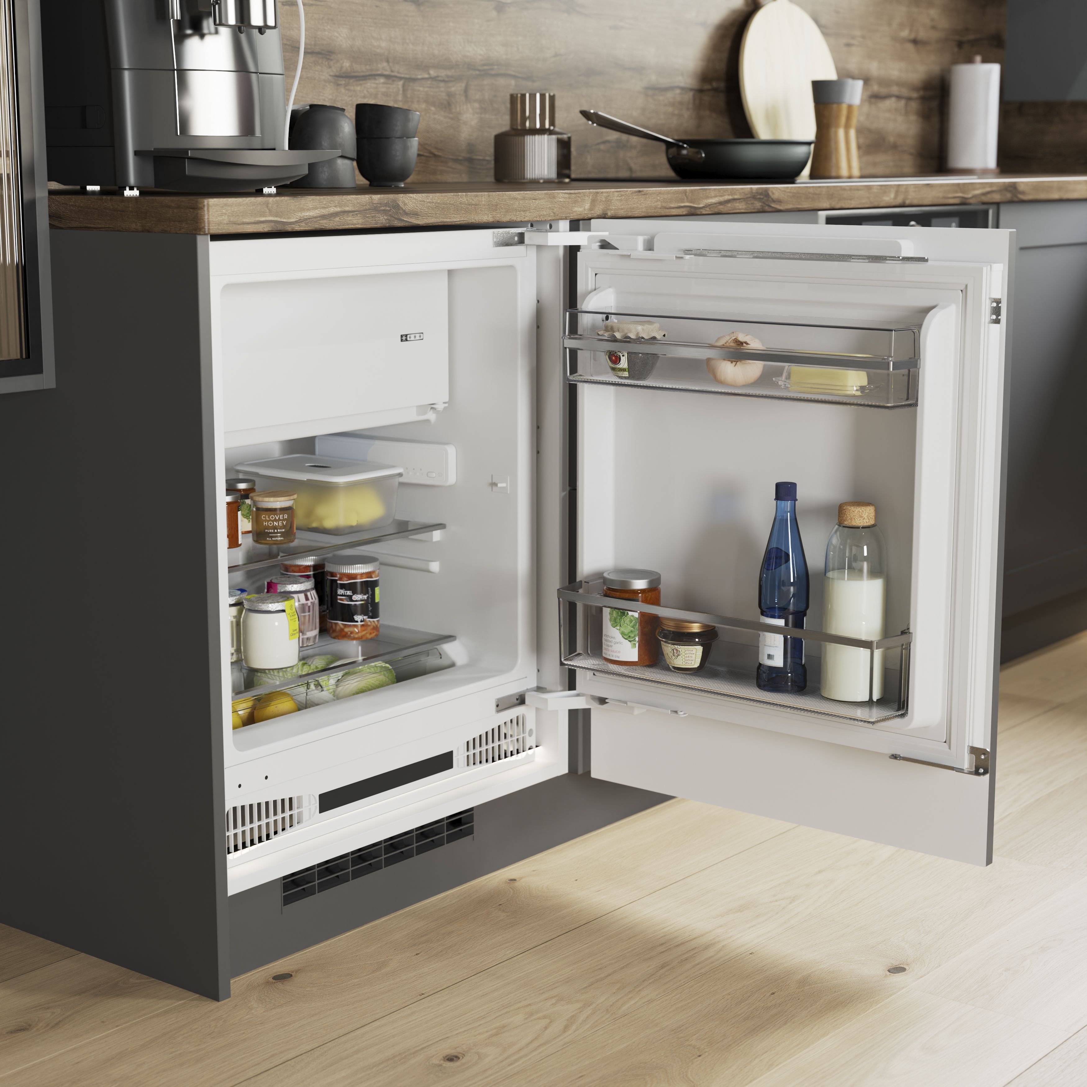 Under counter integrated store fridge freezer