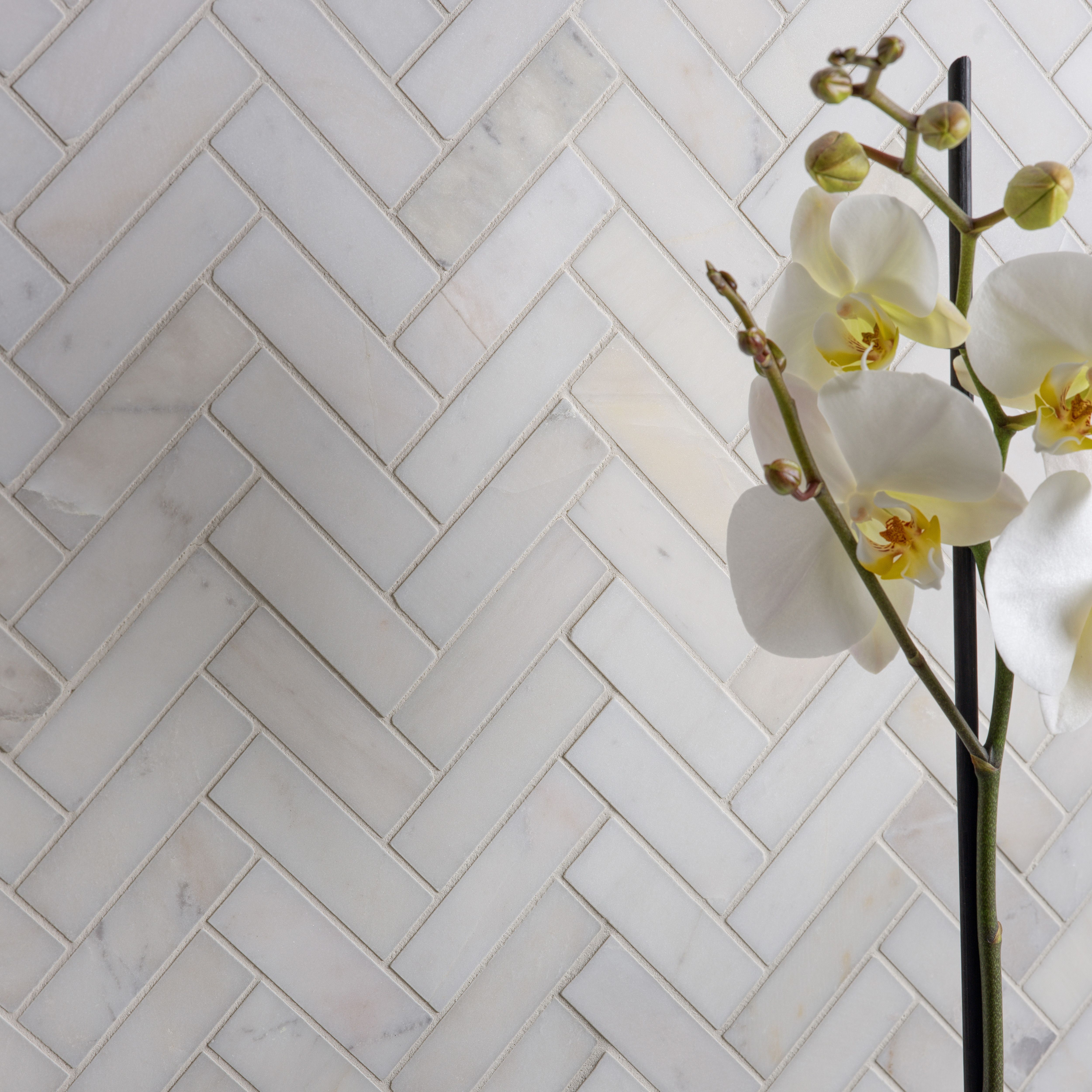 Ca’Pietra Athena White Satin Herringbone Marble Indoor Floor & wall ...